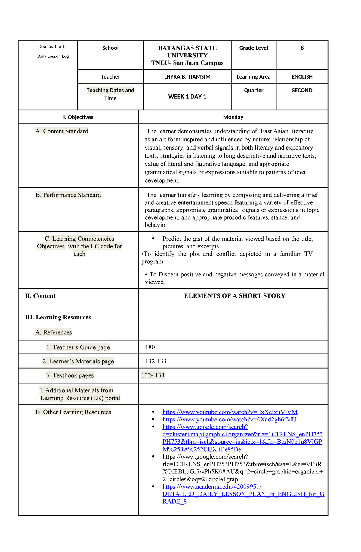 Daily Lesson Plan - Grades 1 to 12 Daily Lesson Log School BATANGAS ...