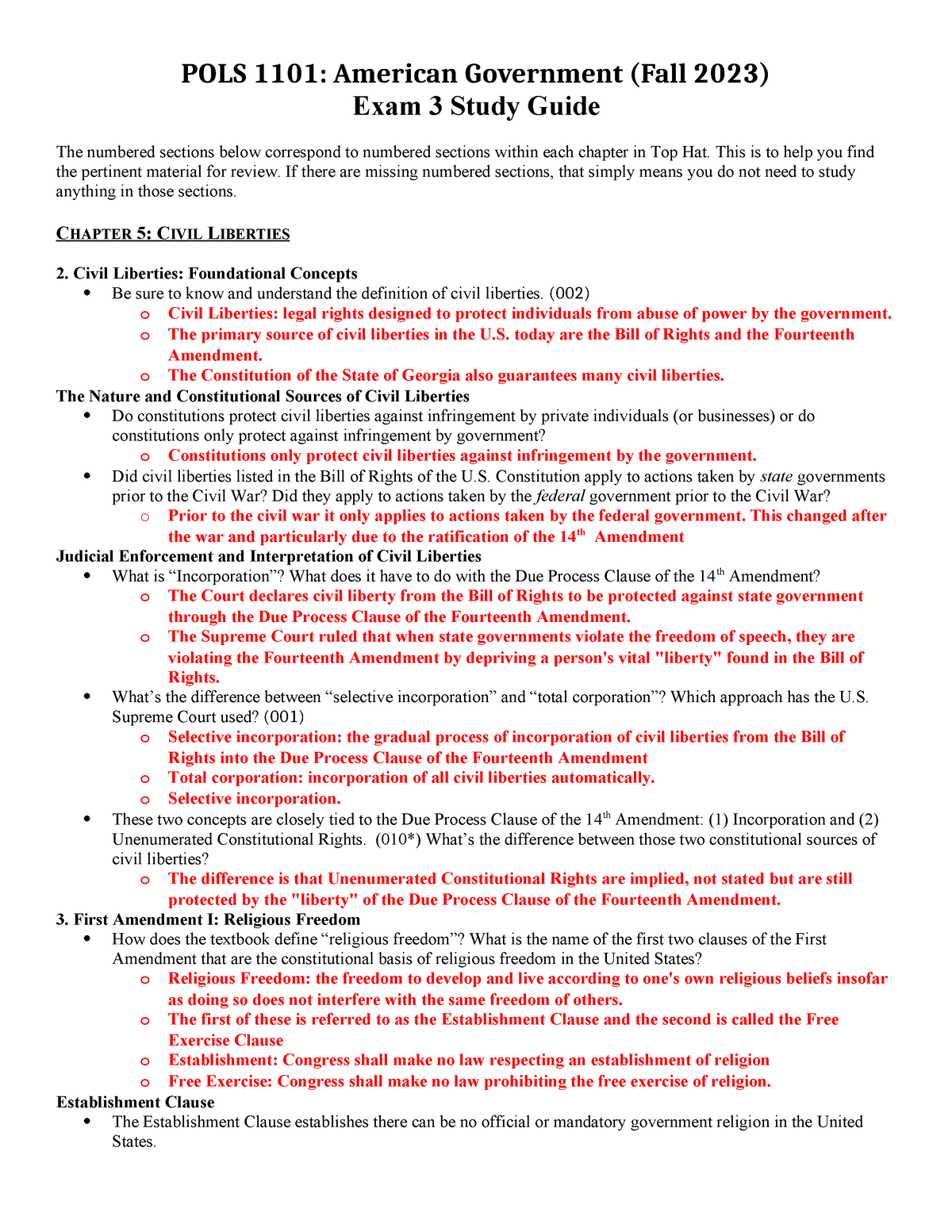 Exam 3 Study Guide F23 - POLS 1101: American Government (Fall 2023 ...