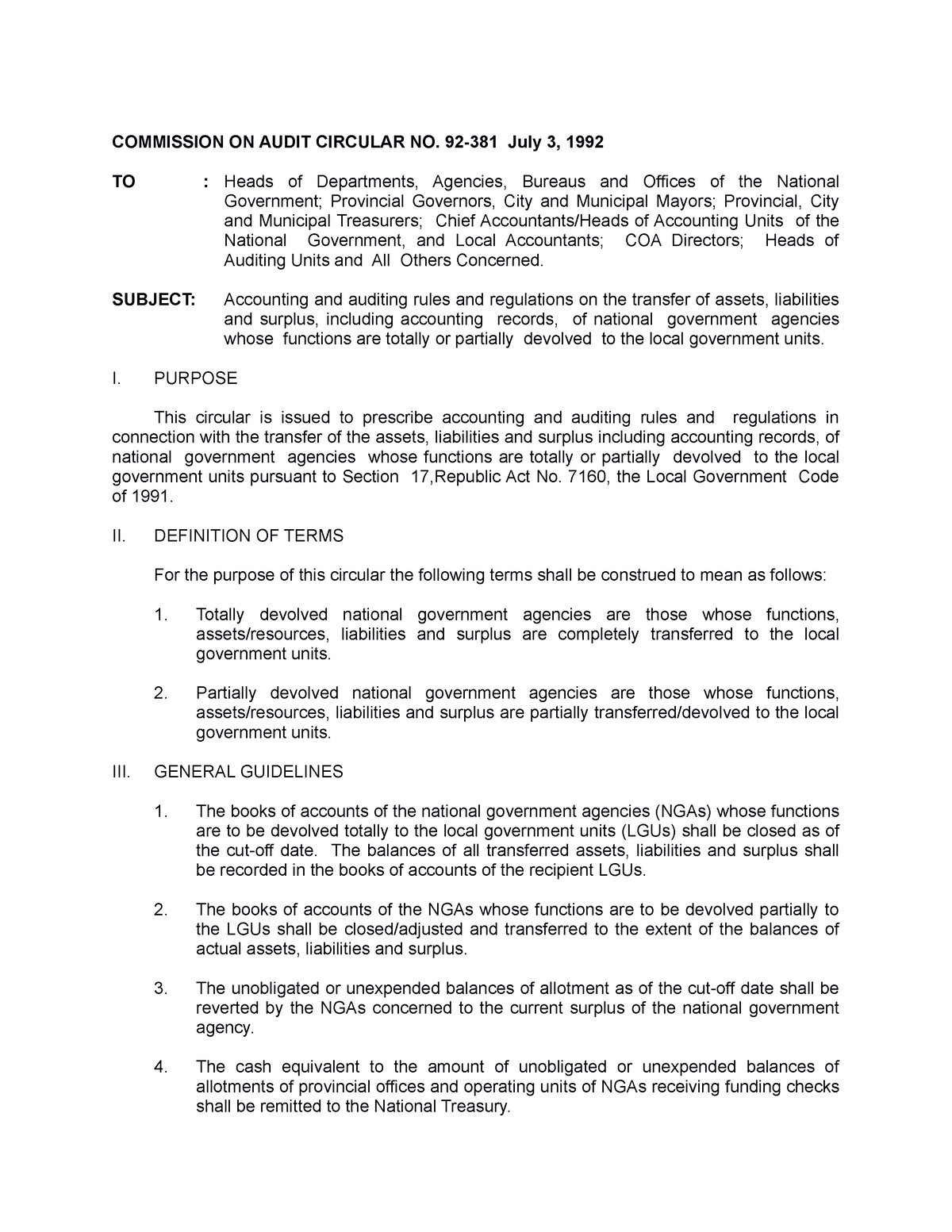 COA- Circular-NO - Circular Only - COMMISSION ON AUDIT CIRCULAR NO. 92 ...