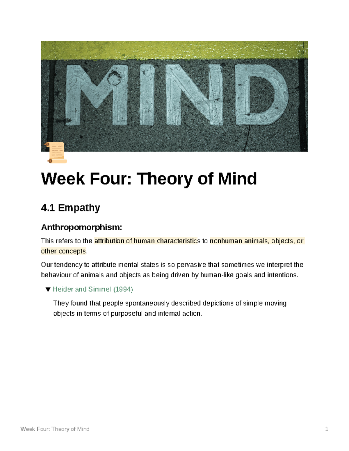 Week Four Theory of Mind - PSYU9A3 - Stirling - Studocu