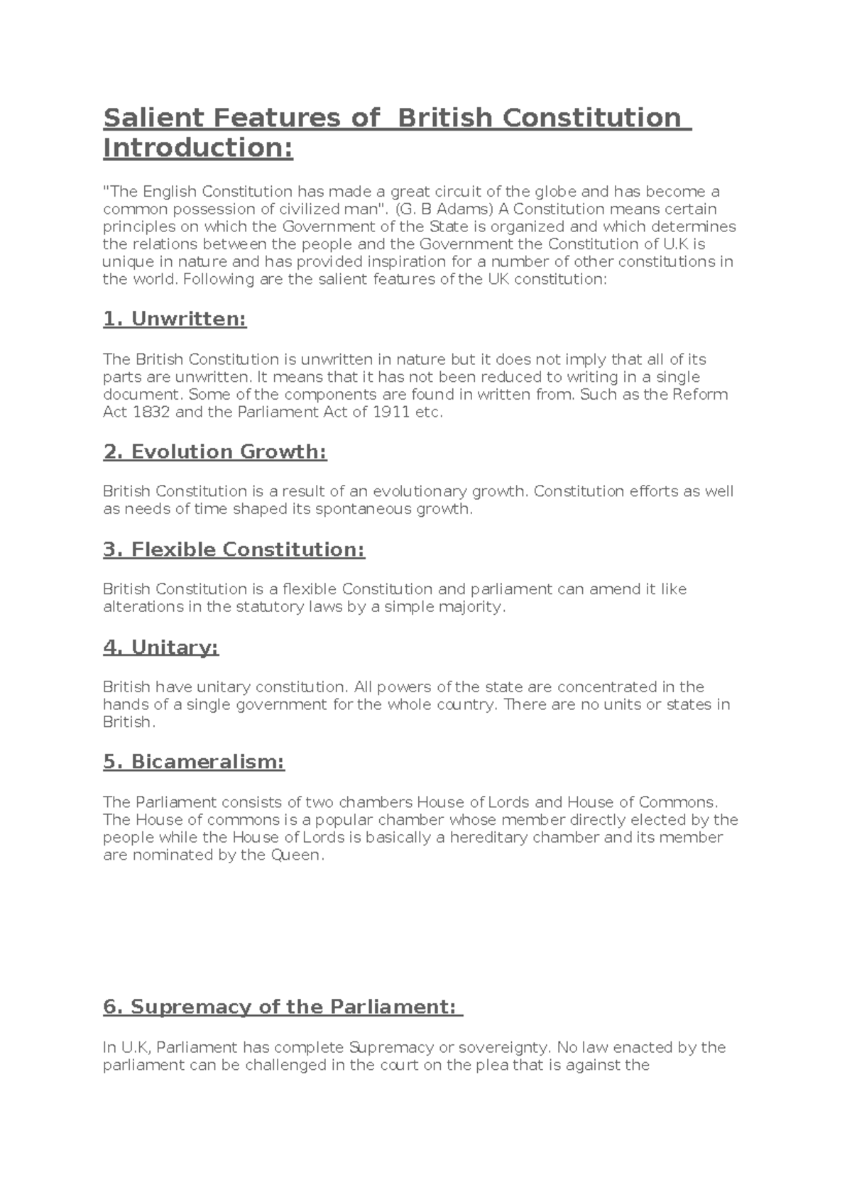 Salient Features of British Constitution Introduction - Salient ...