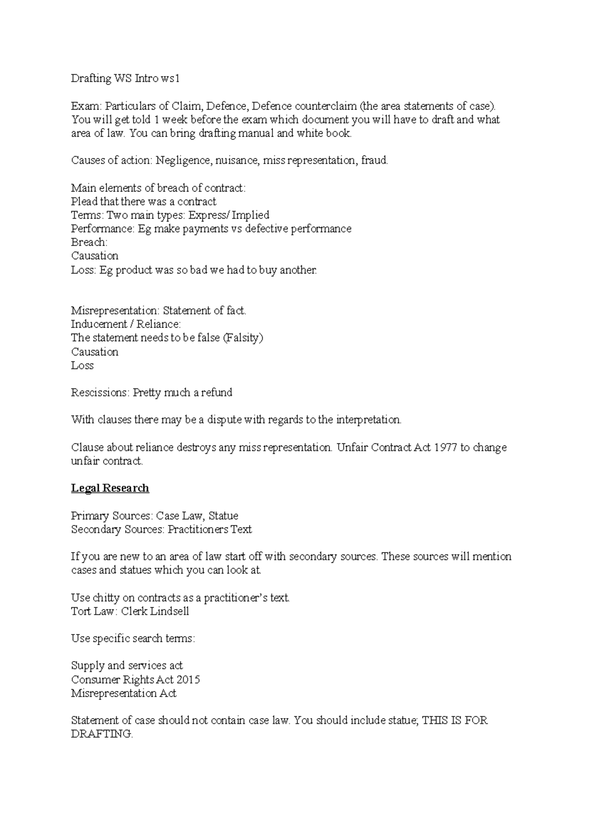 Drafting WS Intro ws1 - Drafting WS Intro ws Exam: Particulars of Claim ...