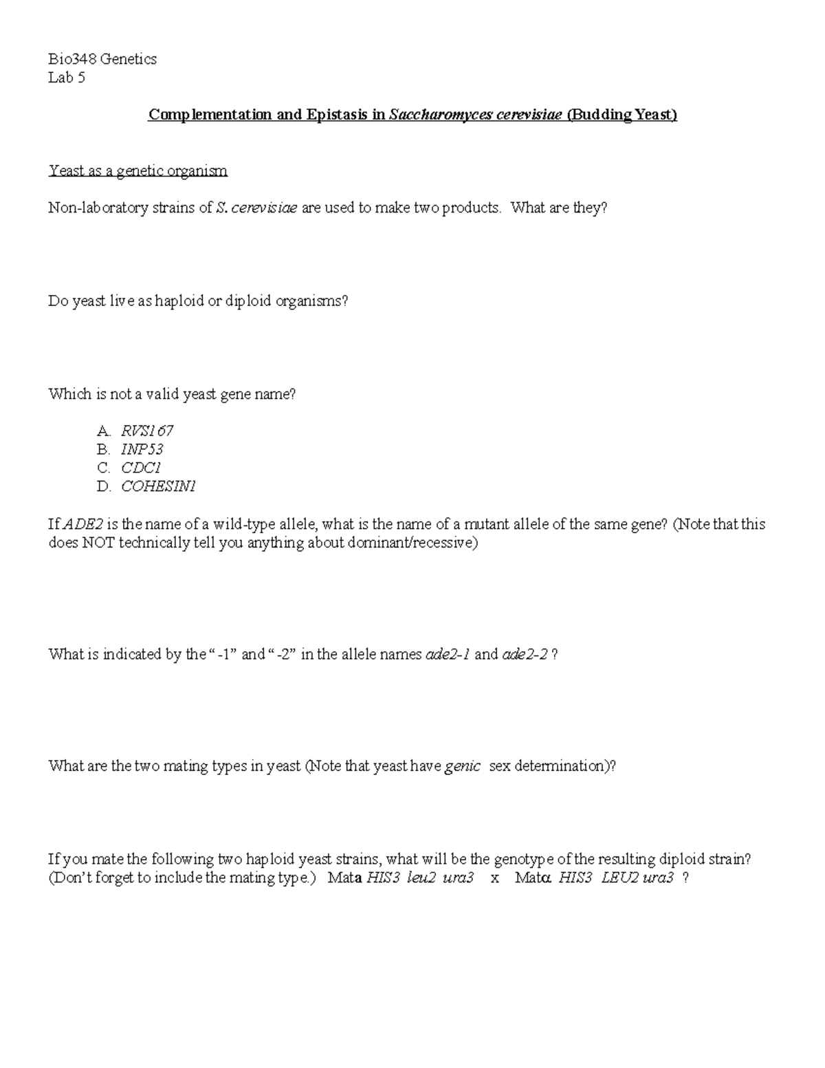 Lab4 - Notes - Bio348 Genetics Lab 5 Complementation and Epistasis in ...