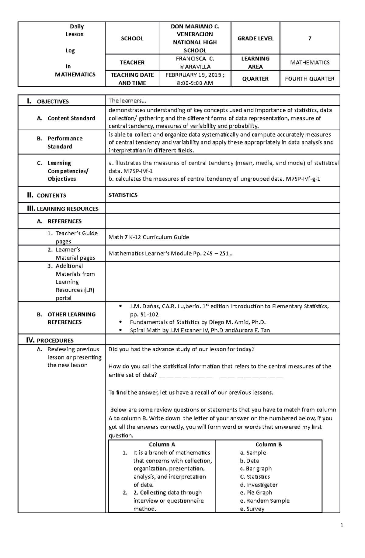 France DLL on Measures of Central Tenden - Daily Lesson Log In ...