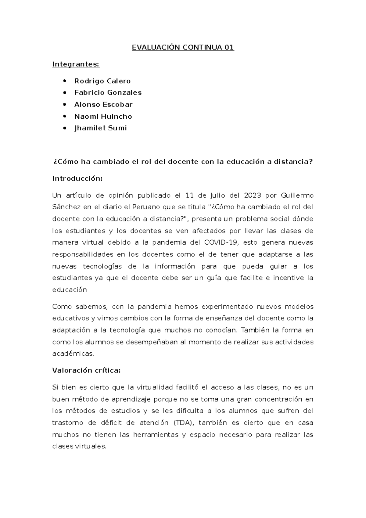 Evaluación Continua 01 - EVALUACIÓN CONTINUA 01 Integrantes: Rodrigo ...