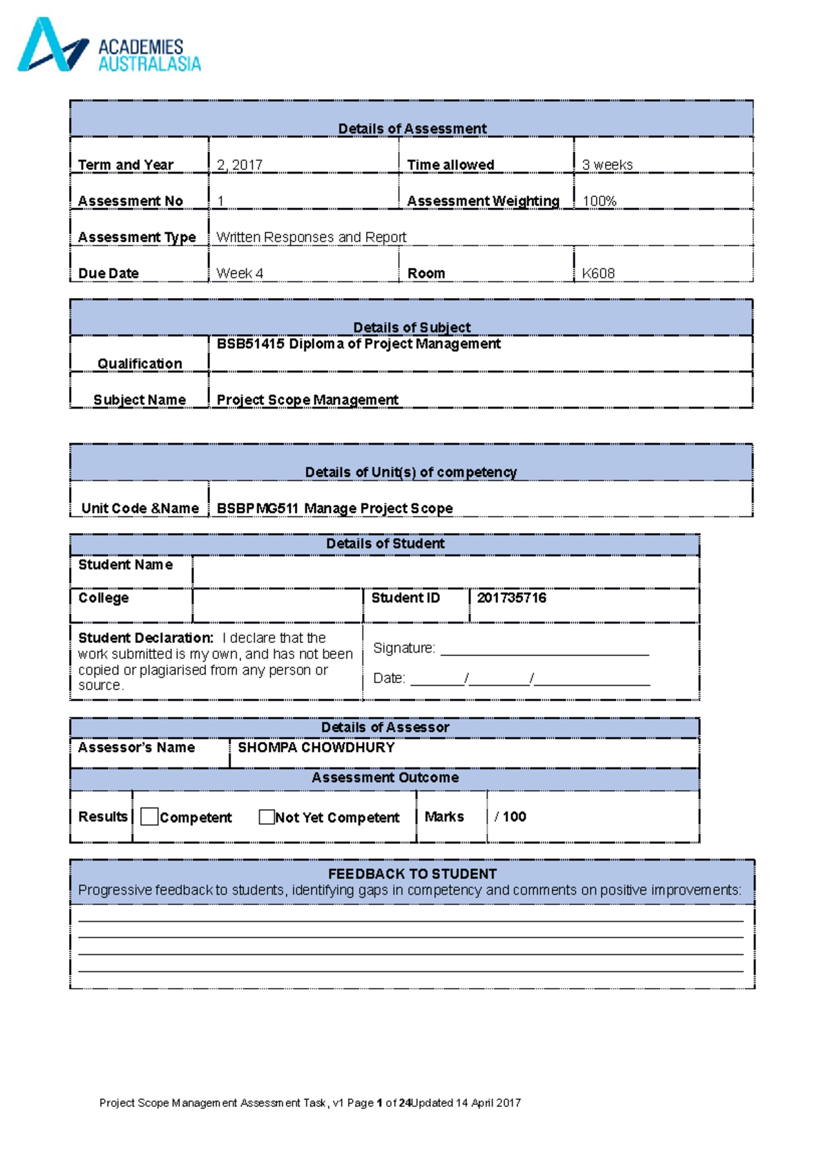 Project Scope Management Assessment - Details of Assessment Term and ...