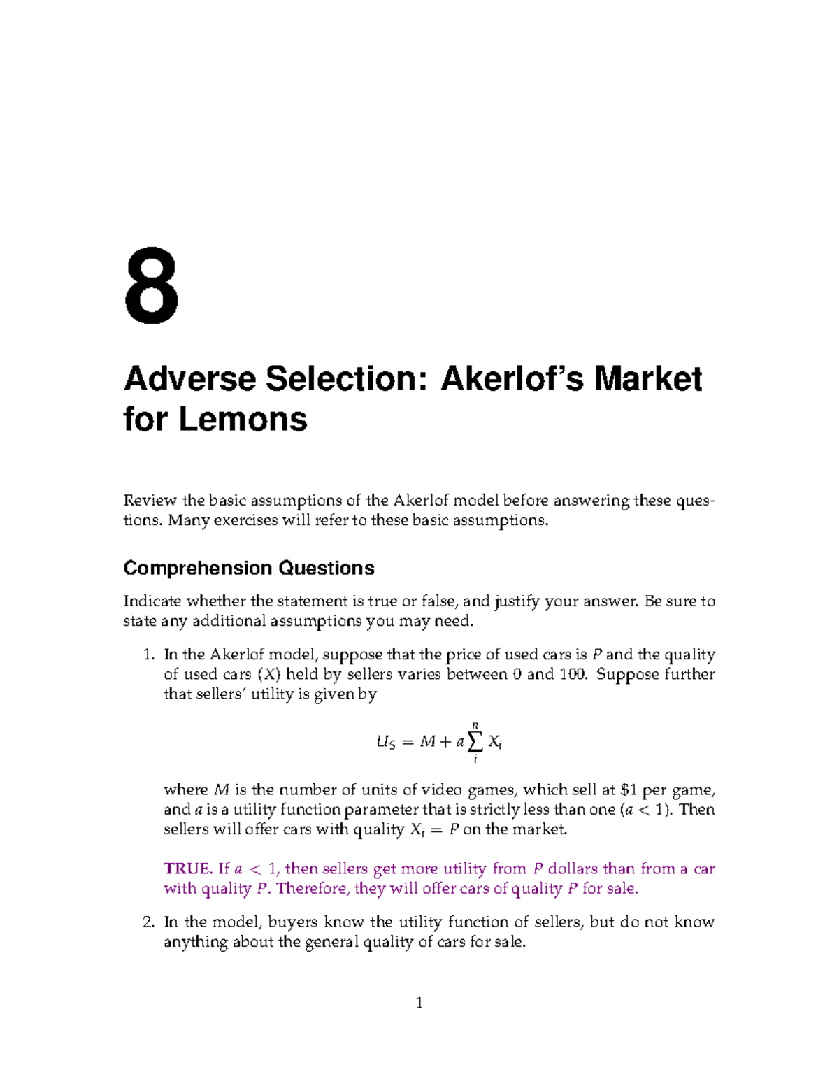 Ch 8 Comprehension Only - 8 Adverse Selection: Akerlof’s Market For ...