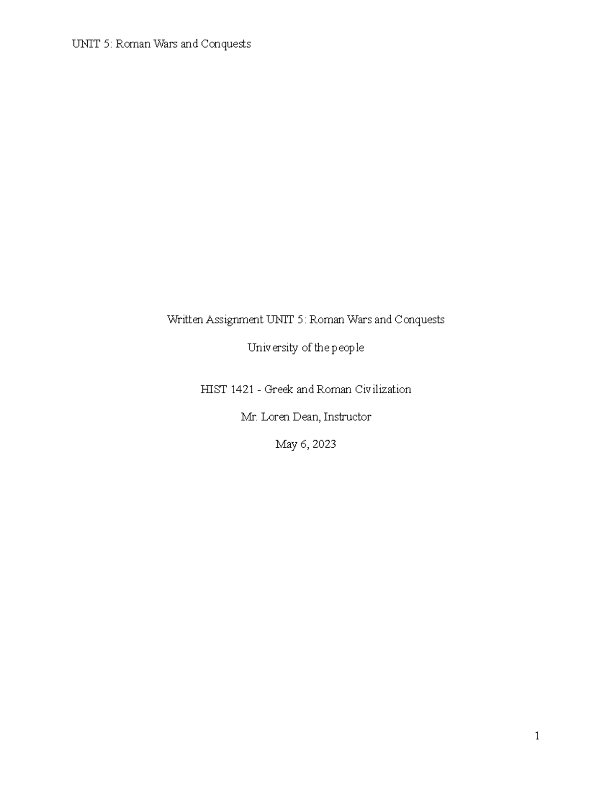 Written Assignment HIST 1421 UNIT 5 - Written Assignment UNIT 5: Roman ...