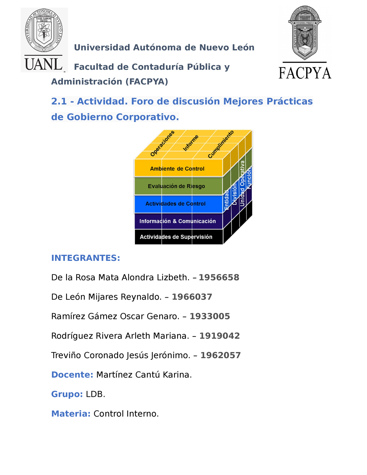 Resumen Ci Control Interno Universidad Autónoma De Nuevo León Facultad De Contaduría Pública 5299