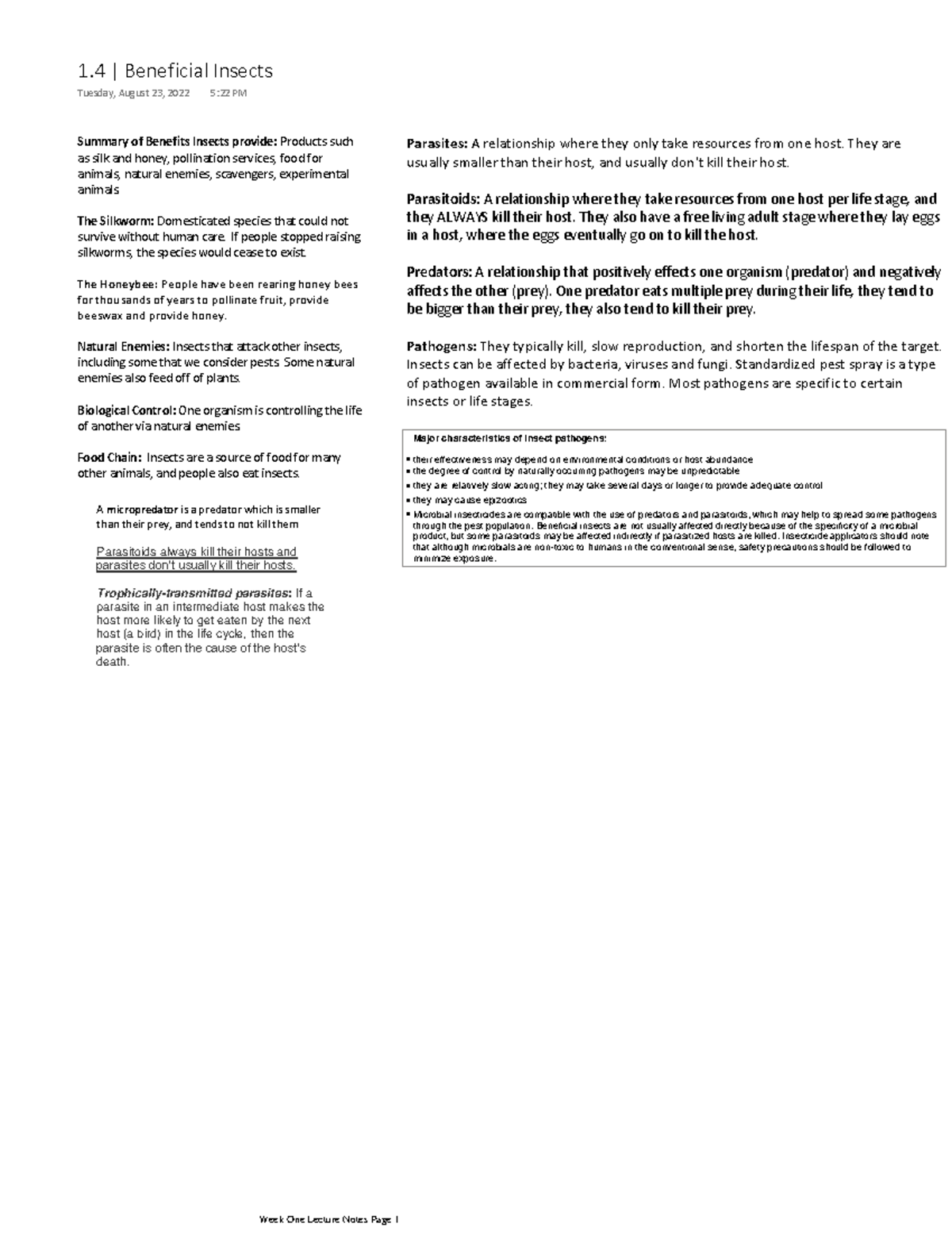 082322 Lecture 1.4 Beneficial Insects Summary of Benefits Insects