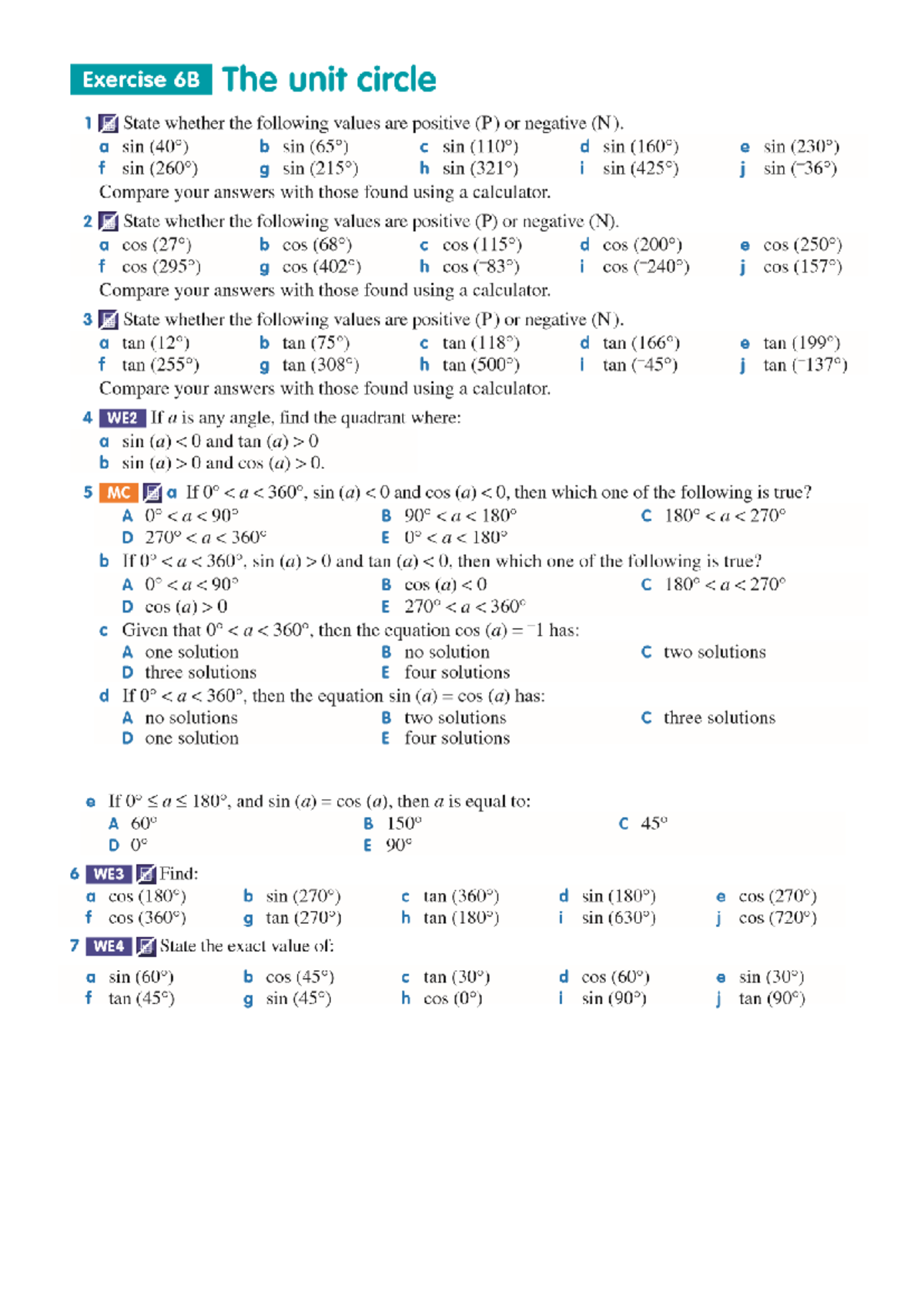 Worksheet - The Unit Circle - Exercise 6B The unit circle 1 State ...