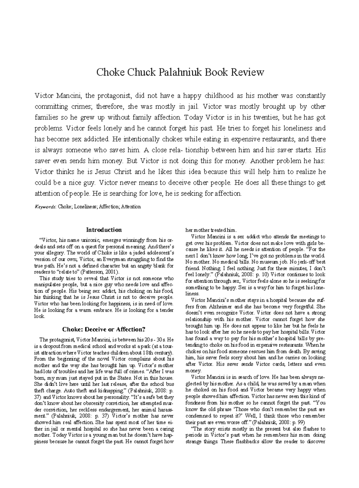 Choke Chuck Palahniuk Book Review Victor was mostly brought up by