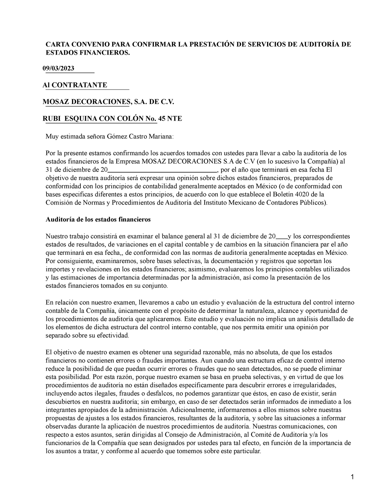 Carta Convenio De Auditoria Ejemplo 1 Carta Convenio Para Confirmar La PrestaciÓn De Servicios 2198