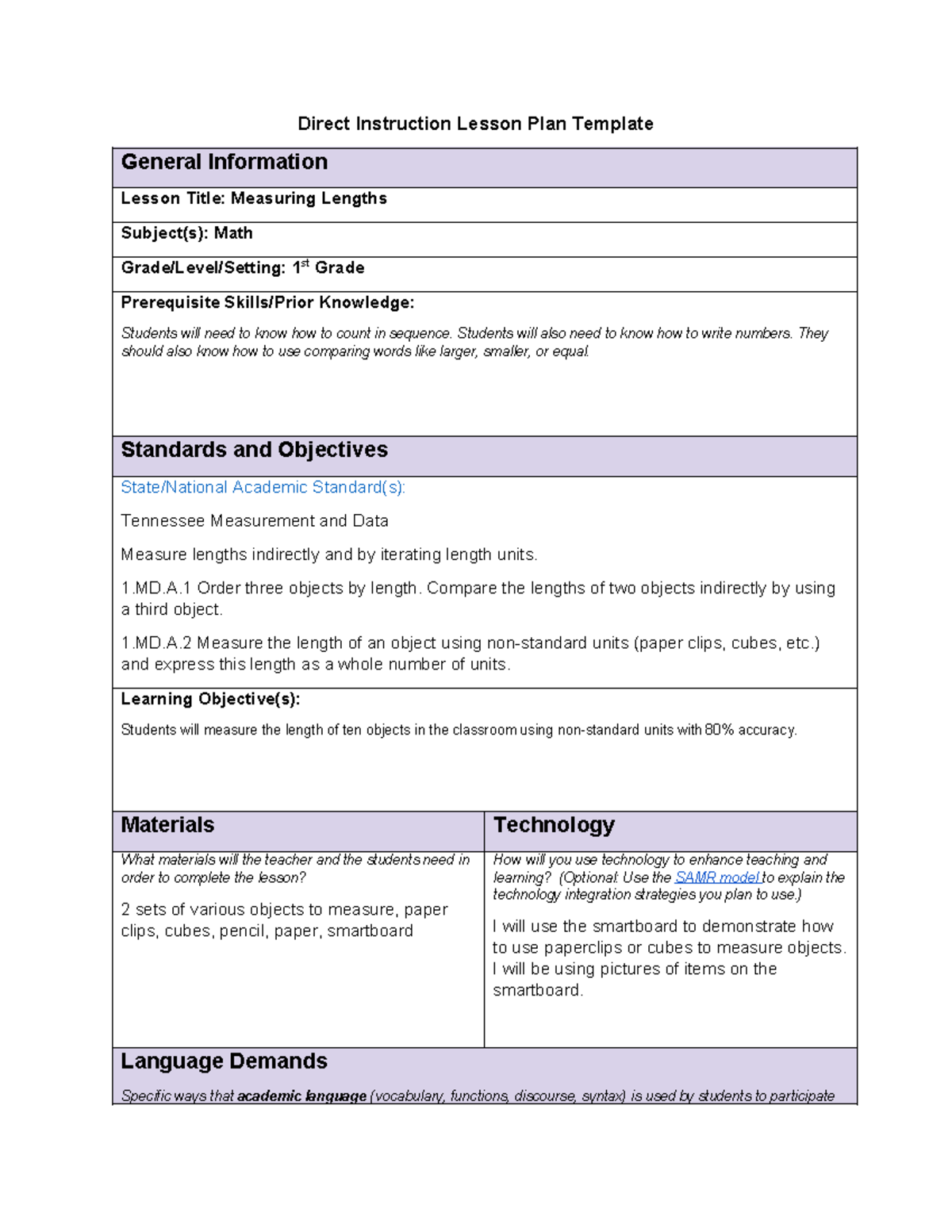 Math Lesson Plan - Lnm2 Task 1 - Math Tools - Direct Instruction Lesson 