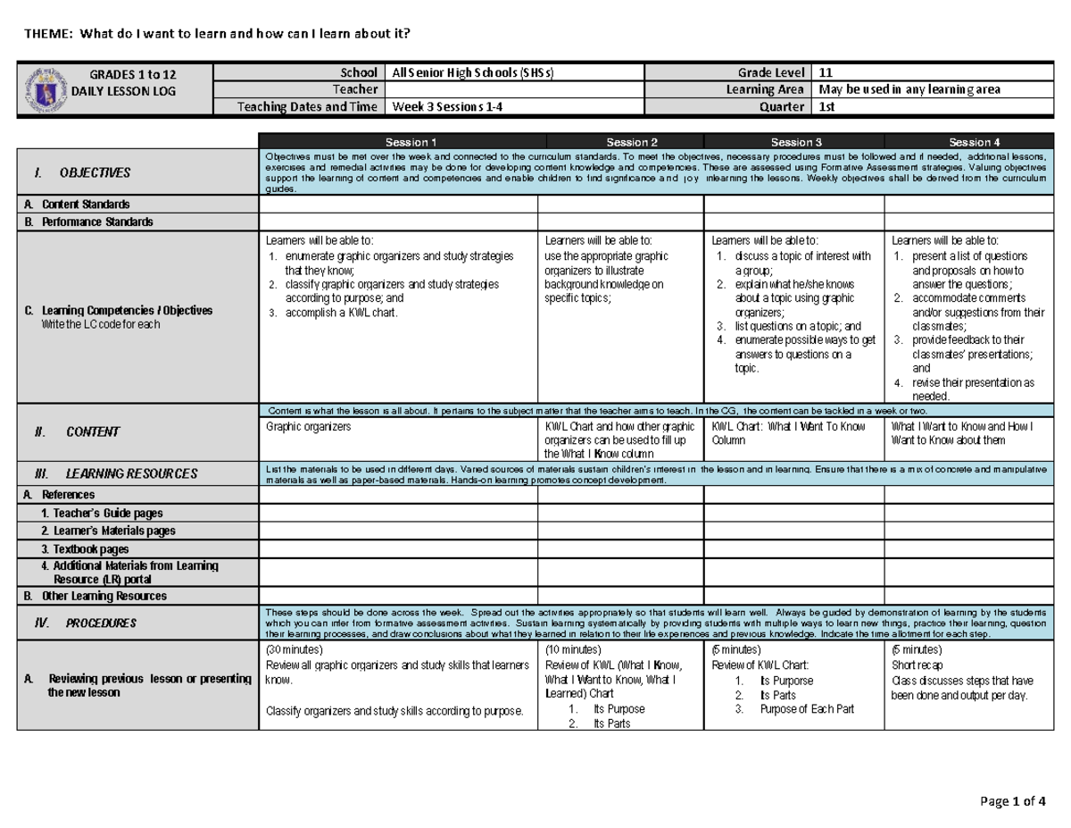 SHS DLL Week 3 - unknown - GRADES 1 to 12 DAILY LESSON LOG School All ...