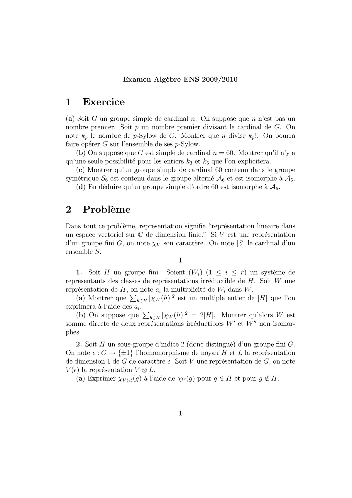 Algèbre 1 Partiel-2009-2010 - Examen Alg`ebre ENS 2009/ 1 Exercice (a ...