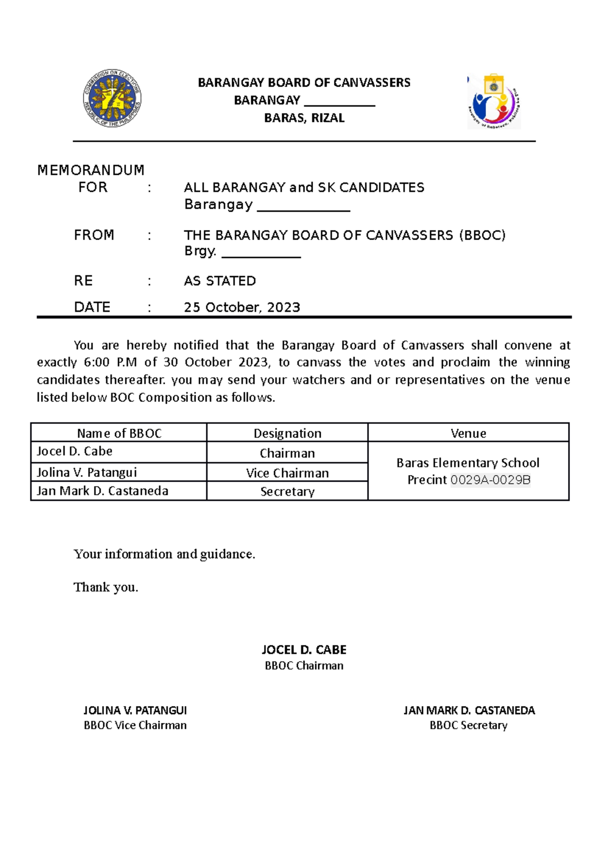 Notice Convening of BBOC BARANGAY BOARD OF CANVASSERS BARANGAY