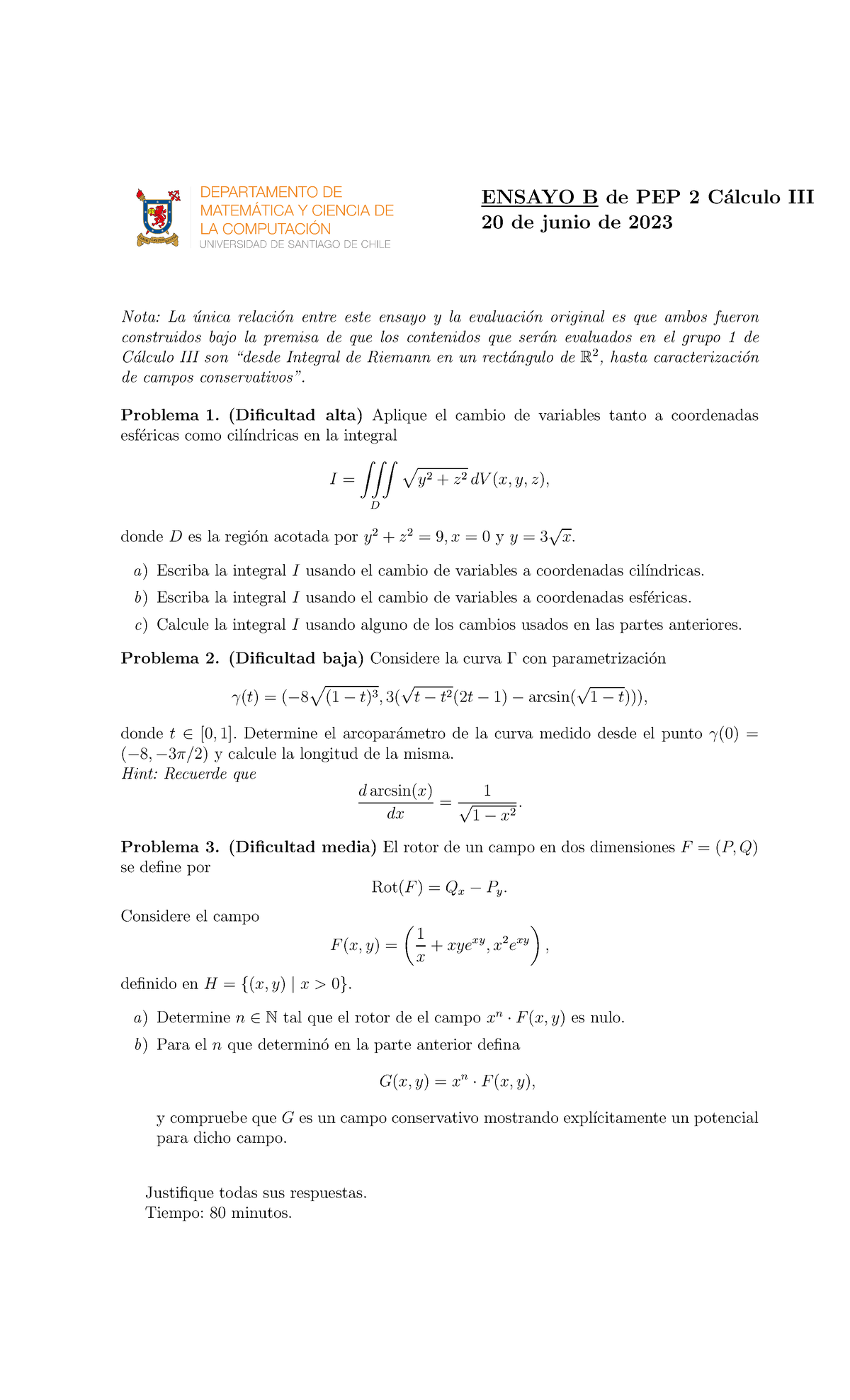 Cálculo III - Ensayo B De PEP 2 - Cálculo III Para Ingeniería - Usach ...