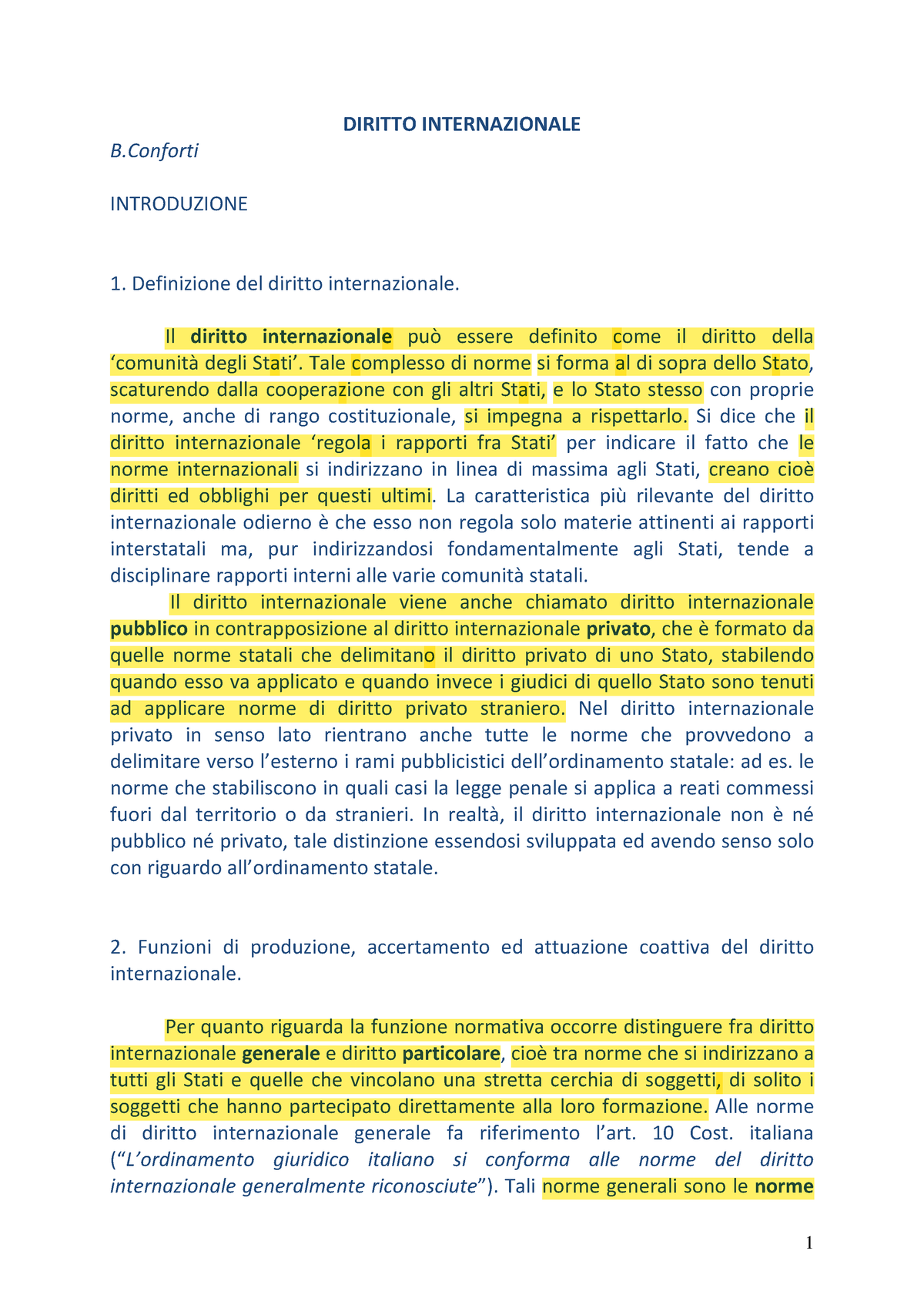 B.Conforti, Riassunto Diritto Internazionale Evidenziate Parti Salienti ...