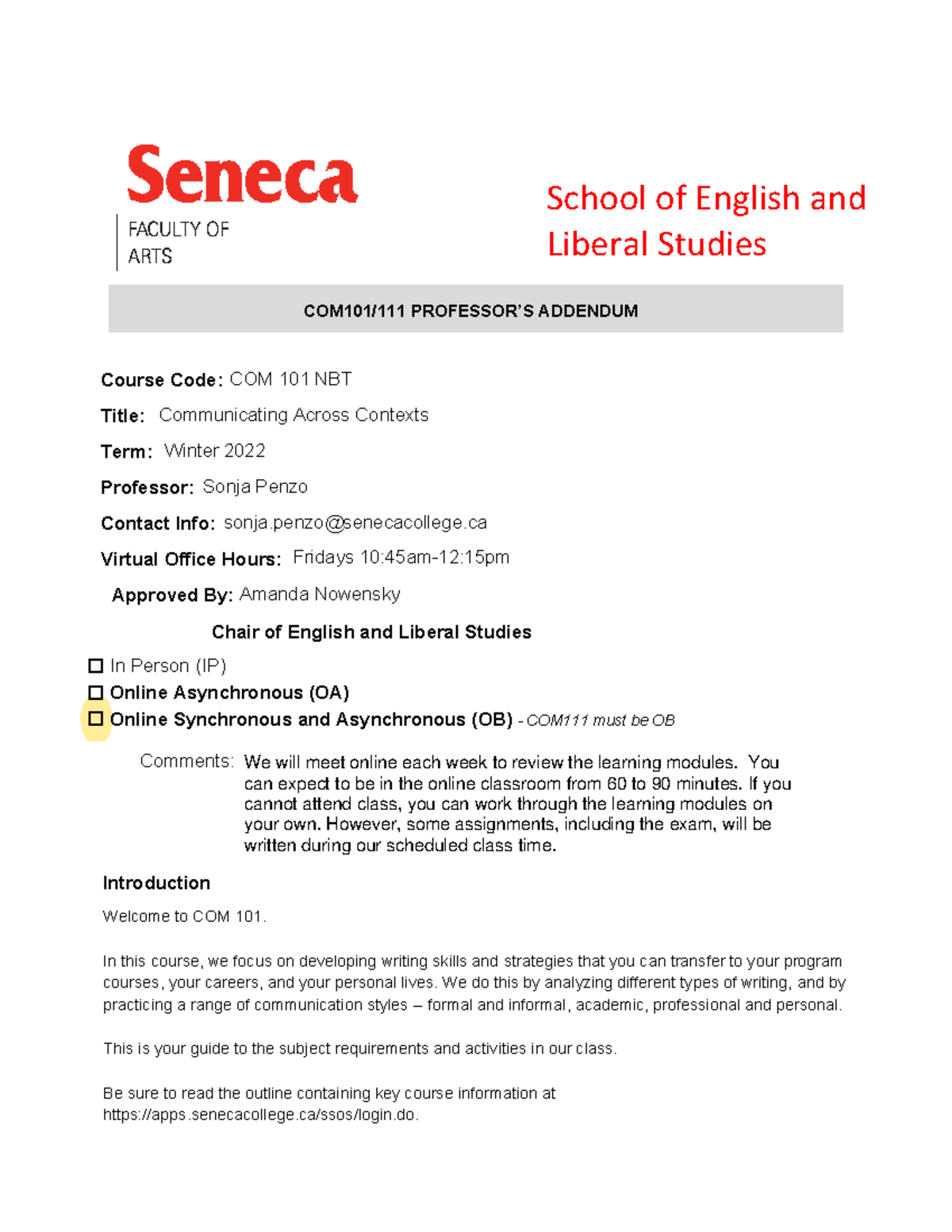 COM 101 course addendum of 2022 term 1 - School of English and Liberal ...