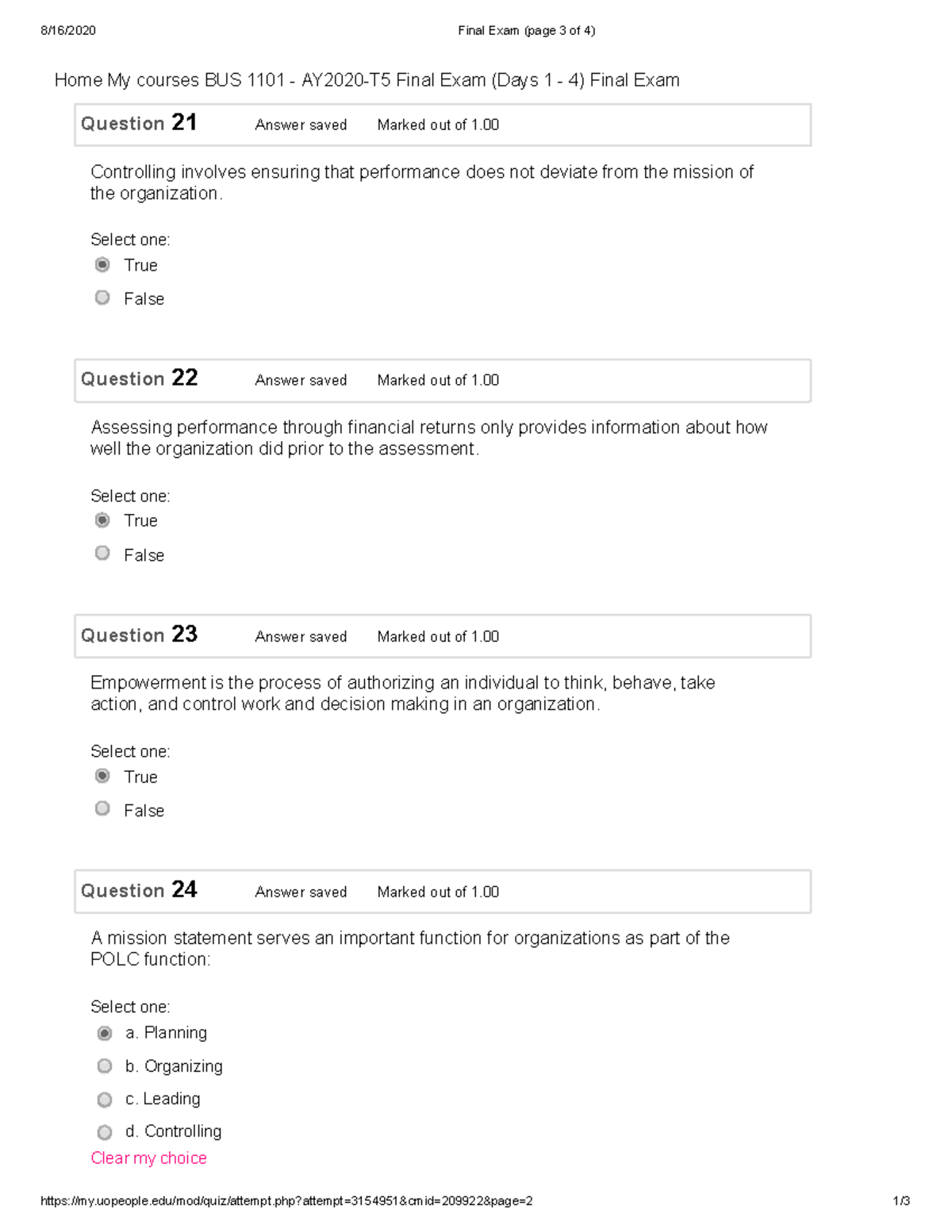 BUS 1101 - Final Exam 1 Of 4 - Question 21 Answer Saved Marked Out Of 1 ...