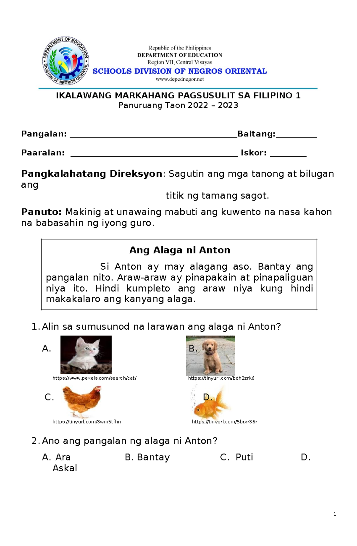 Summative-Test-Grade-1-Filipino 2nd Quarter - IKALAWANG MARKAHANG ...