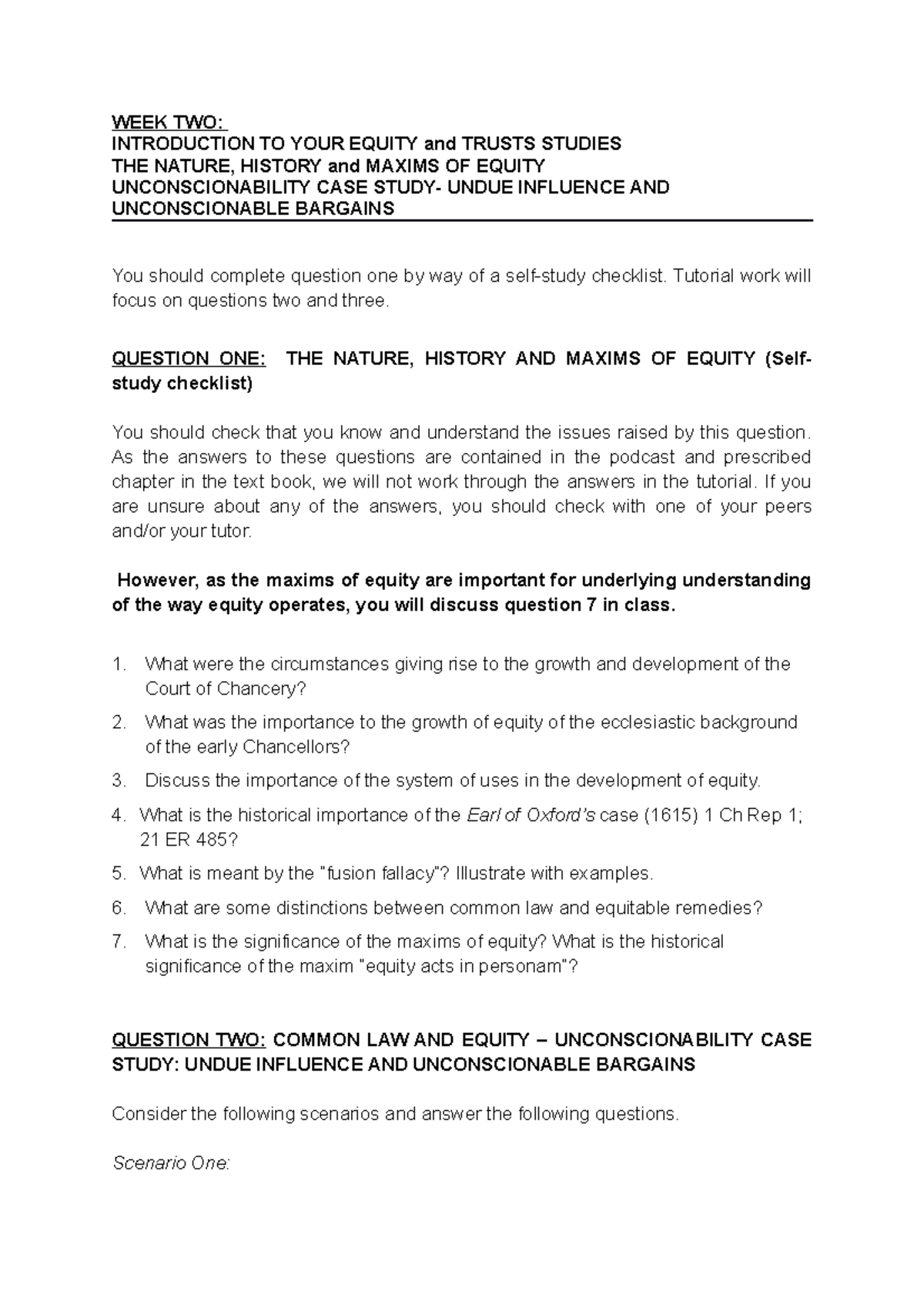 LLB205 Equity And Trusts Wk2Tutorial Questions - WEEK TWO: INTRODUCTION ...