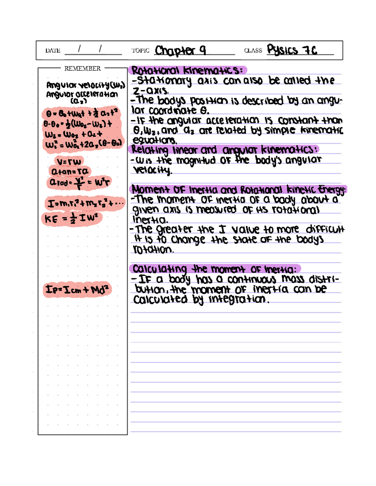 Midterm-Chapter 9 - DATE TOPIC CLASS REMEMBER Chapter a Pysics 7C ...