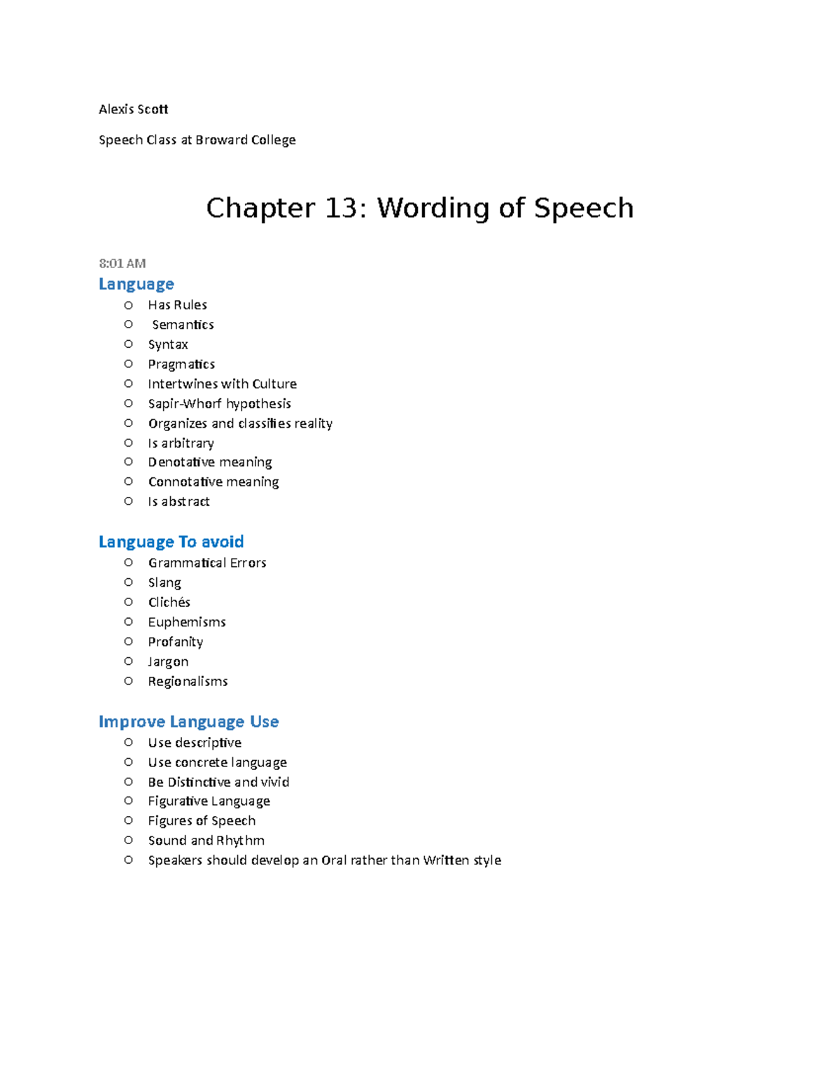 Speech Class Notes At BC Alexis Scott Speech Class at Broward College