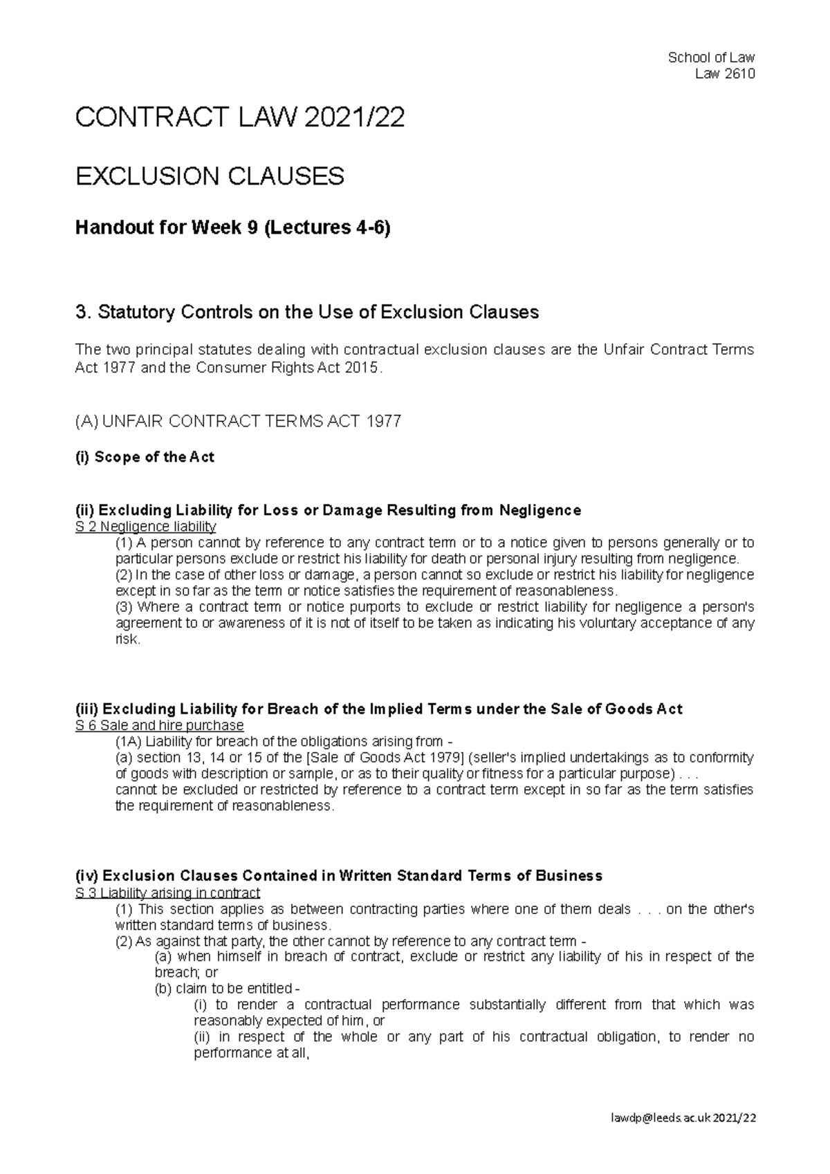 Contract 2122 Exclusion Clauses Handout Week 9 School of Law Law 2610