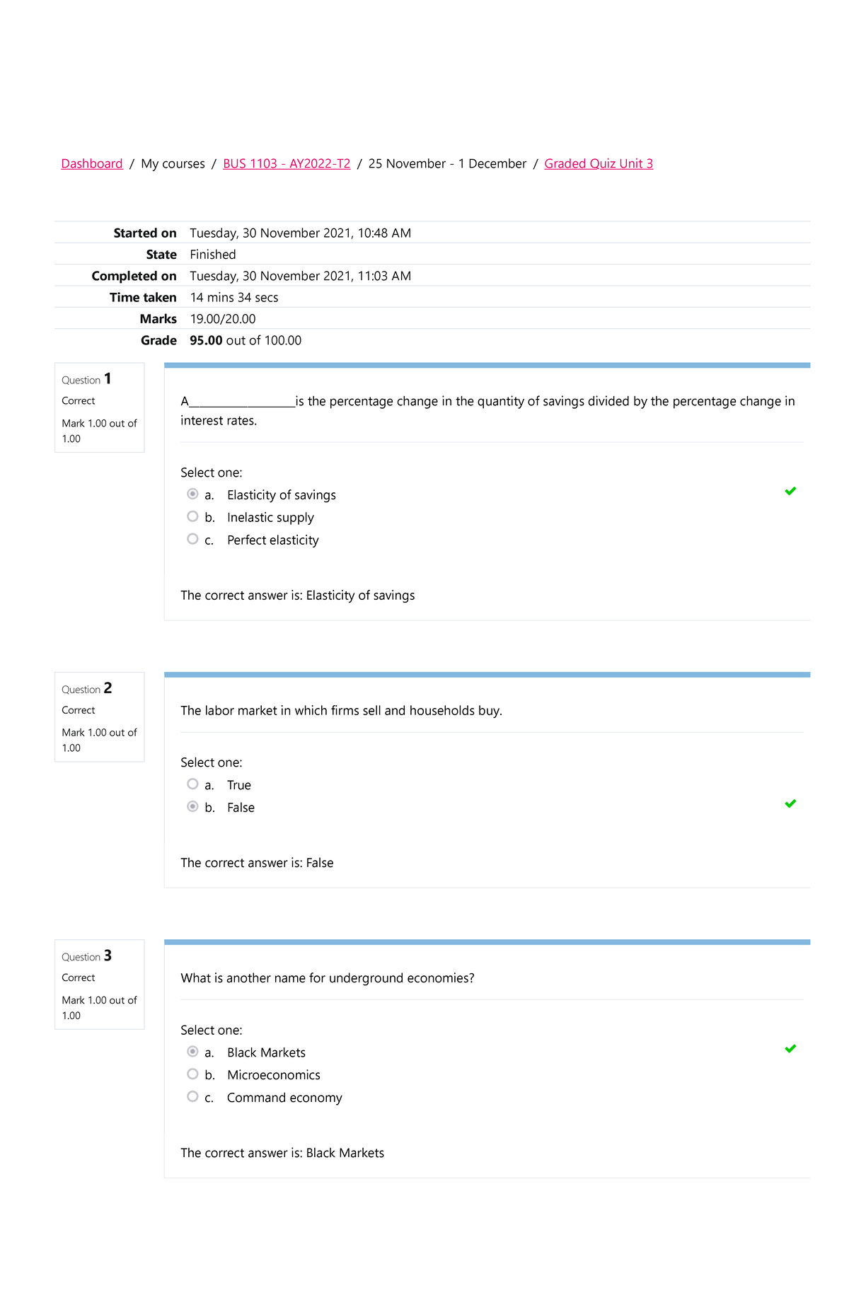 BUS 1103 Microeconomics Unit 3 Graded Quiz - Question 1 Correct Mark 1 ...