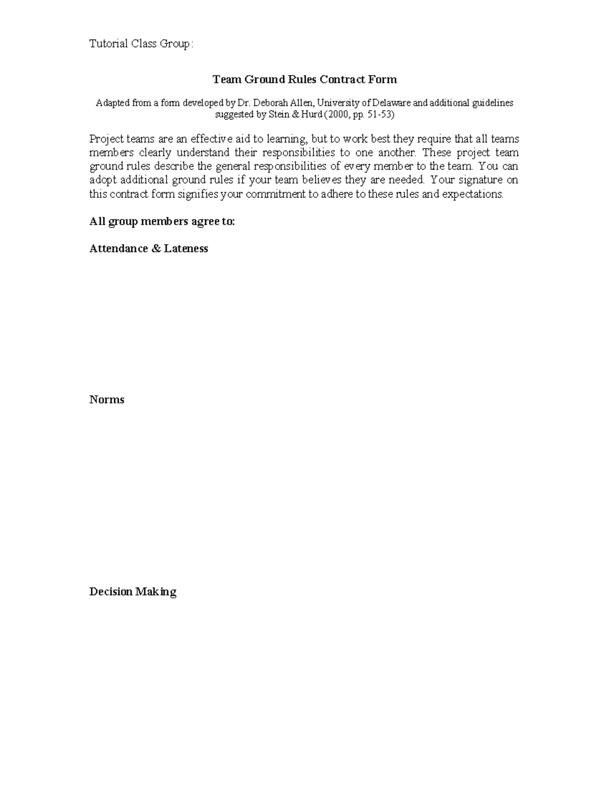 Team Ground Rules Contract Form - Tutorial Class Group: Team Ground ...