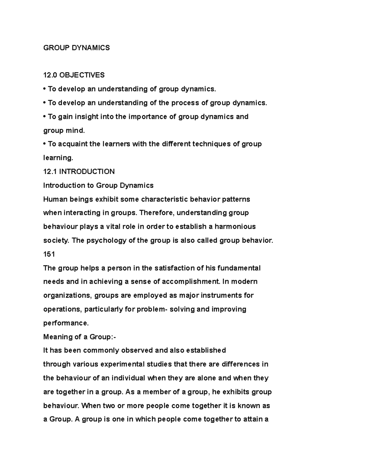 PSYC 149 - PSYC 149 NOTES - GROUP DYNAMICS 12 OBJECTIVES To develop an ...