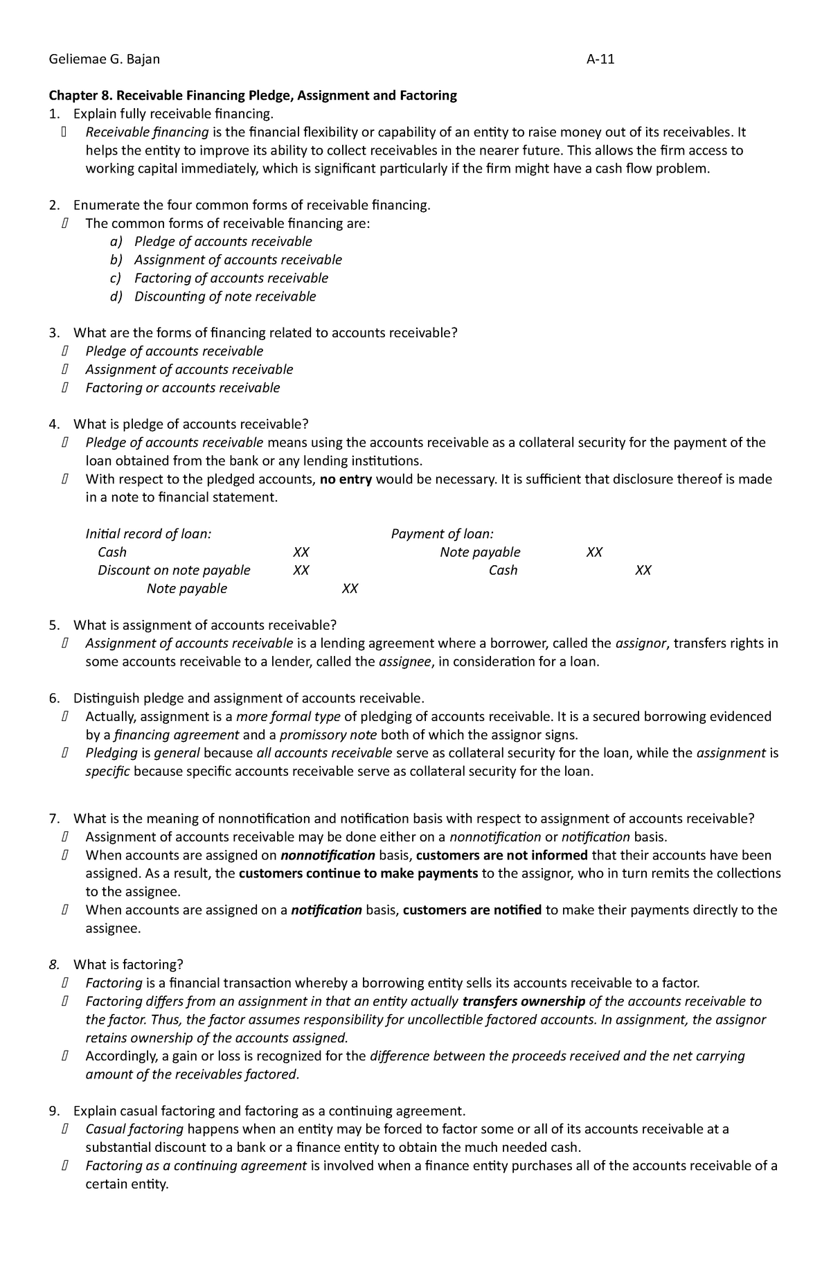 FAR 8 - Chapter 8 - Geliemae G. Bajan A- Chapter 8. Receivable ...