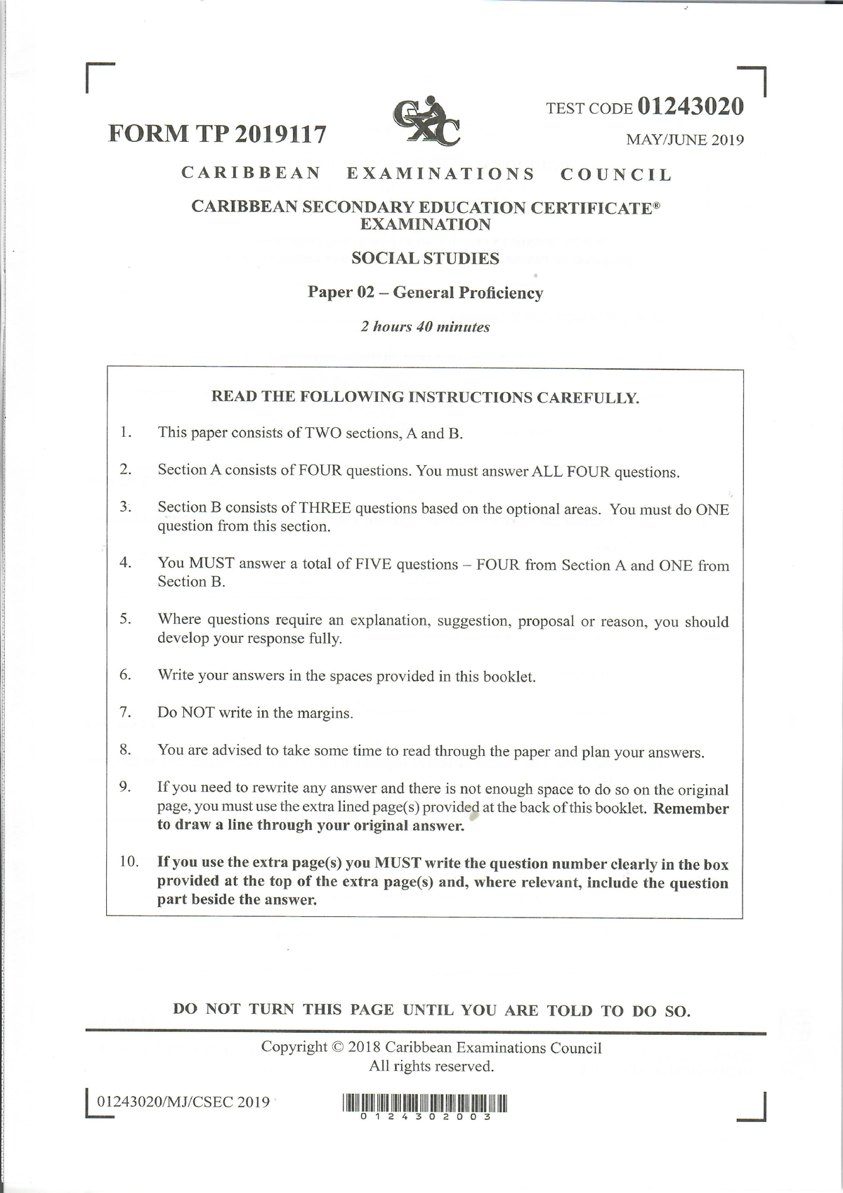 CXC CSEC MayJune 2019 Social Studies Paper 2 History Studocu