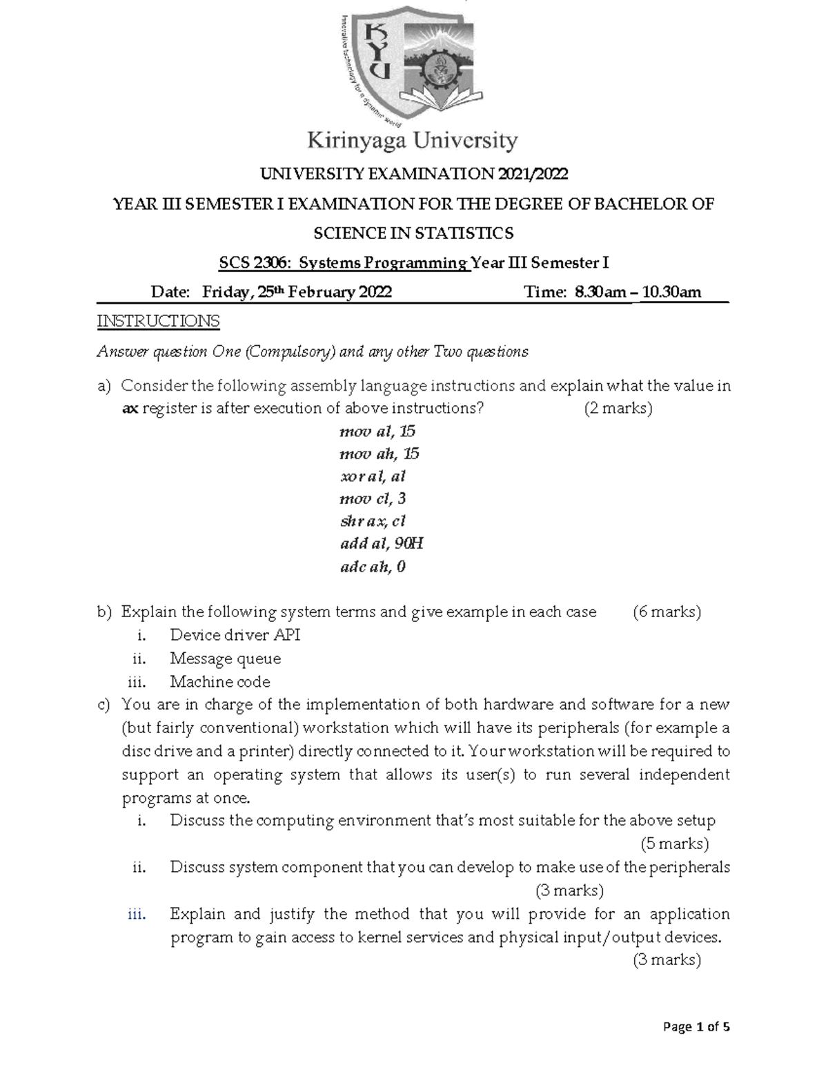 SCS 2306 Systems Programming Year III Semester I - UNIVERSITY ...