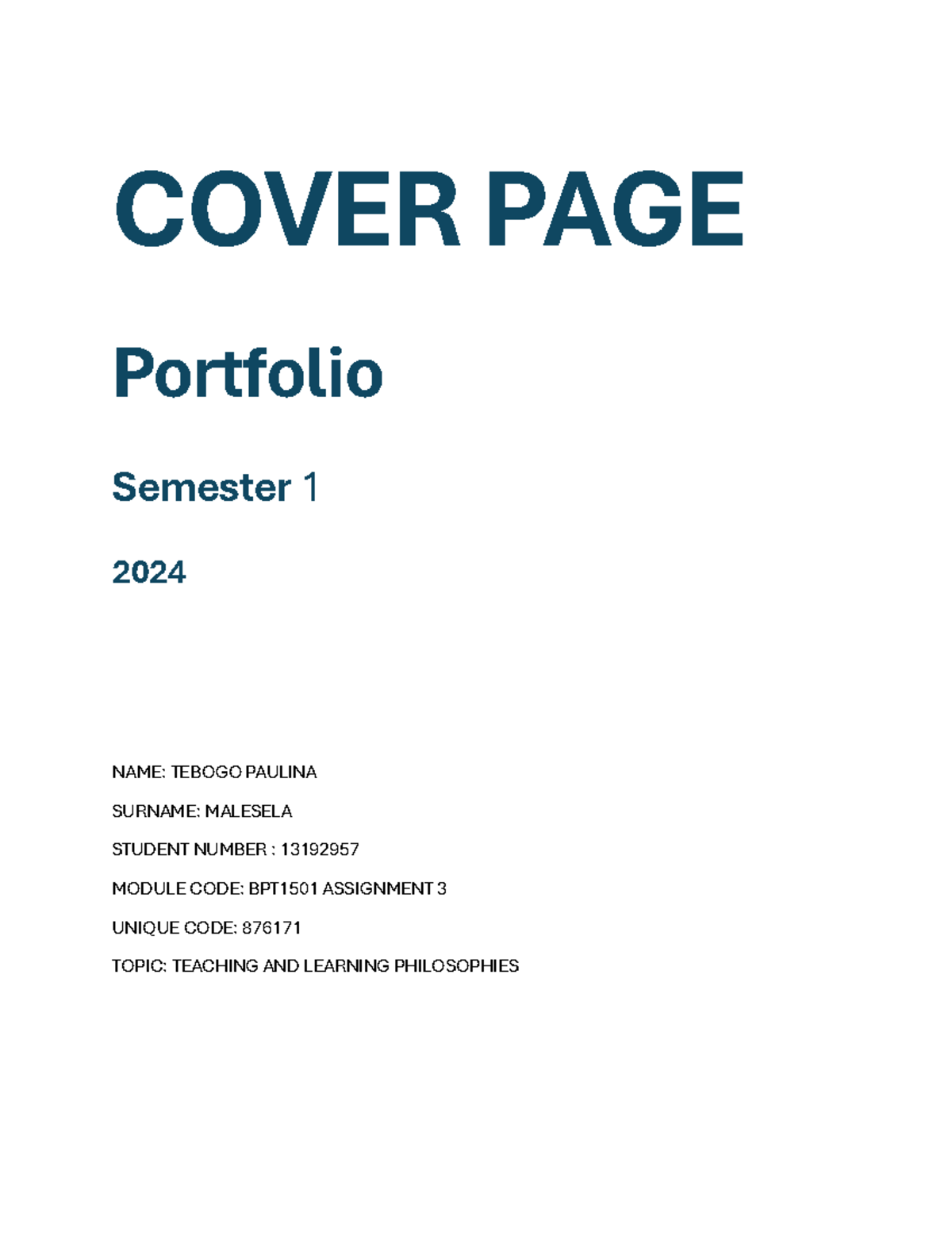 BPT1501 Assessment 3 - COVER PAGE Portfolio Semester 1 2024 NAME ...