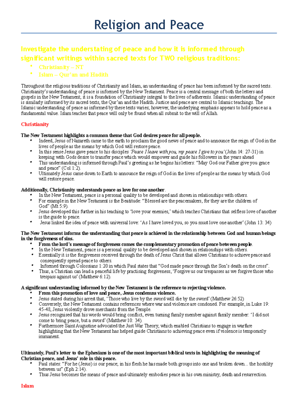 Religion and Peace Notes - Religion and Peace Investigate the ...