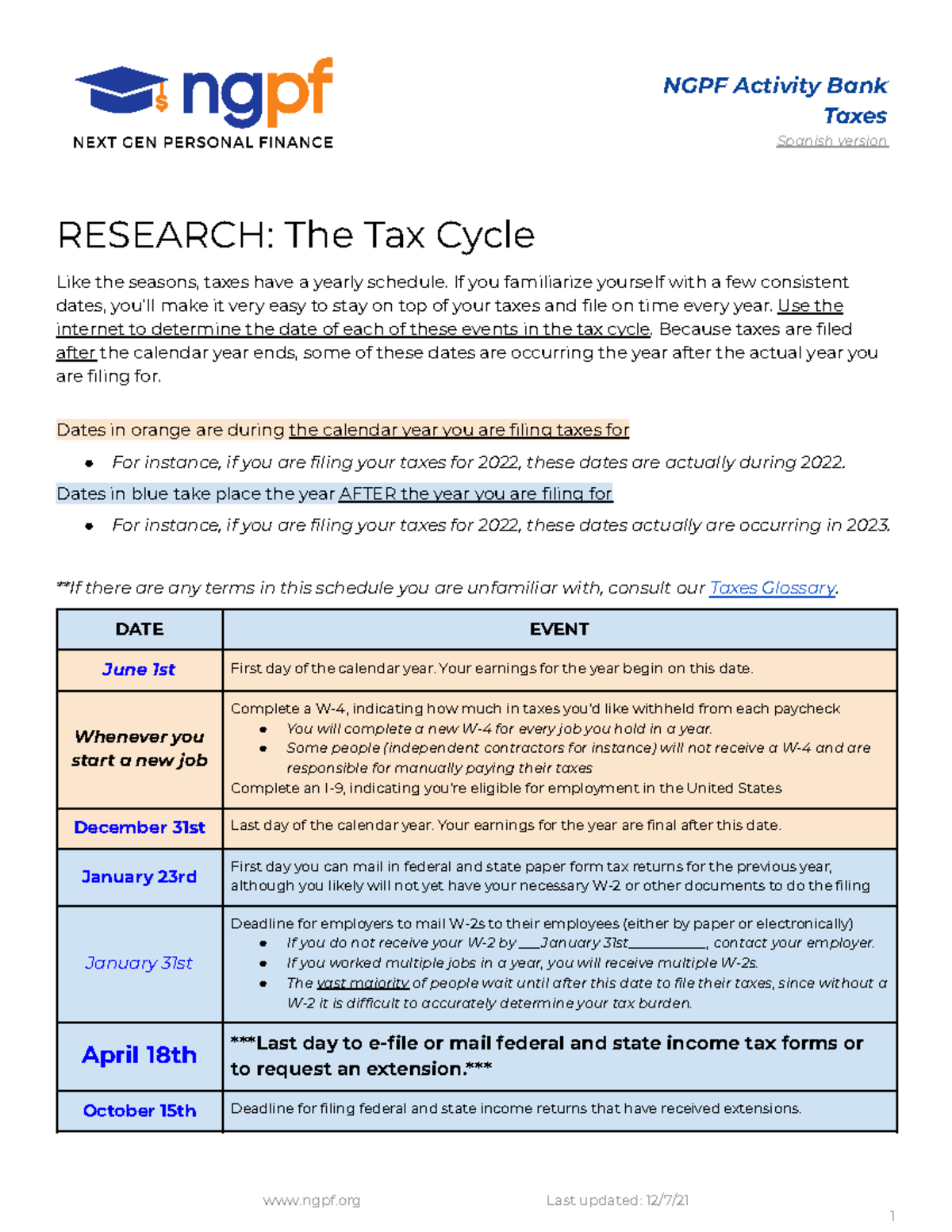 Taxes 1.3 Research The Tax Cycle - NGPF Activity Bank Taxes Spanish ...