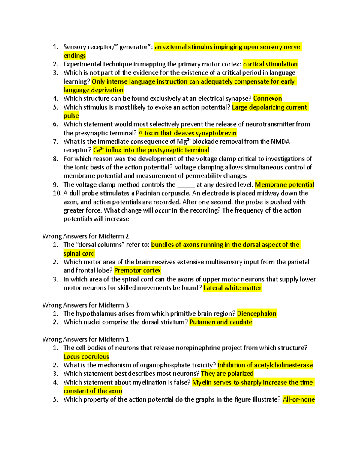 Midterm 2019, answers - Sensory receptor/” generator”: an external ...