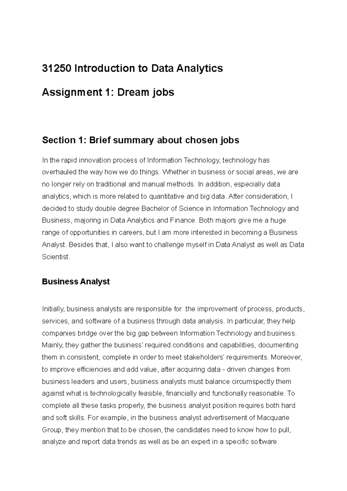 Assigment 1- Dream jobs - 31250 Introduction to Data Analytics ...