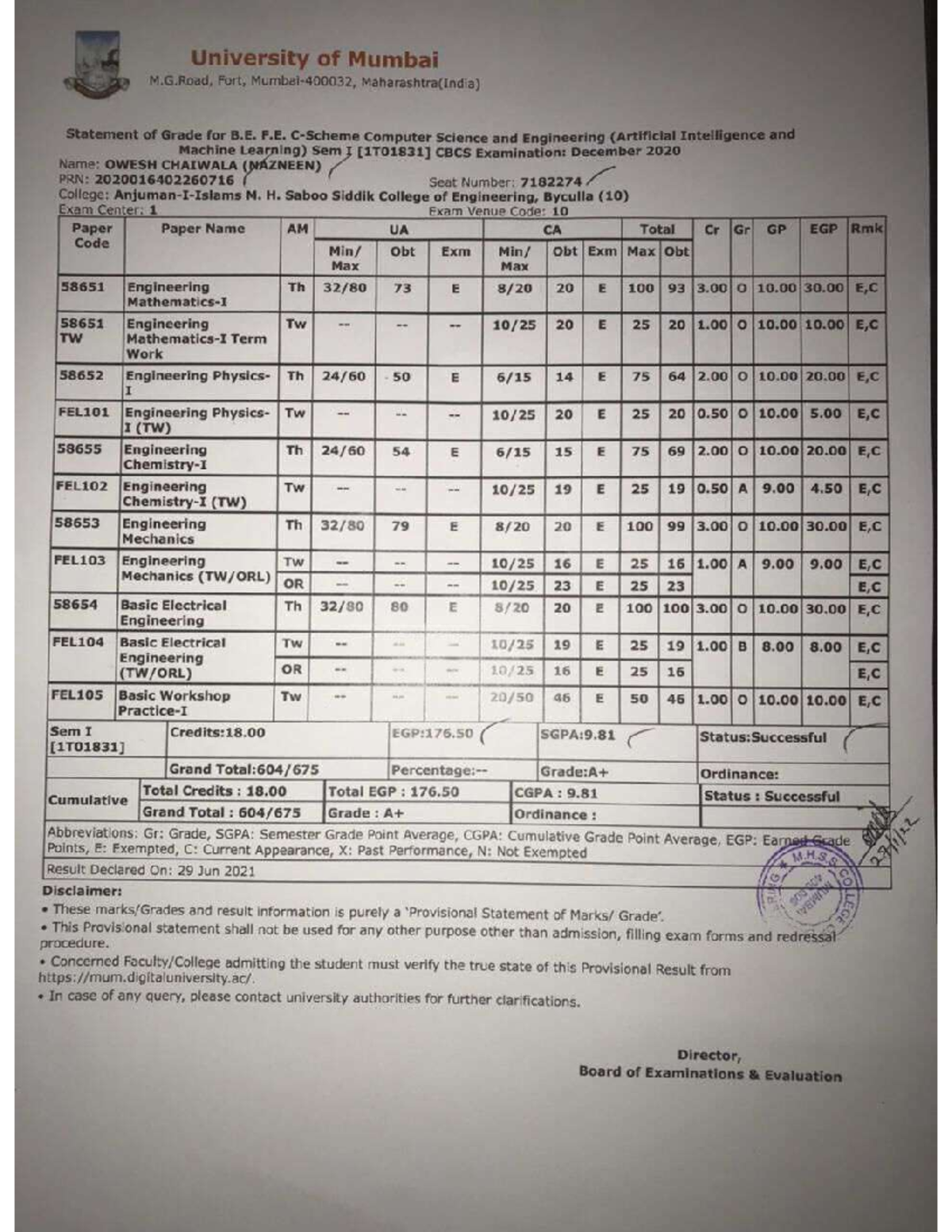 1st and 2nd sem marksheet pd - artificial intelligence - Studocu