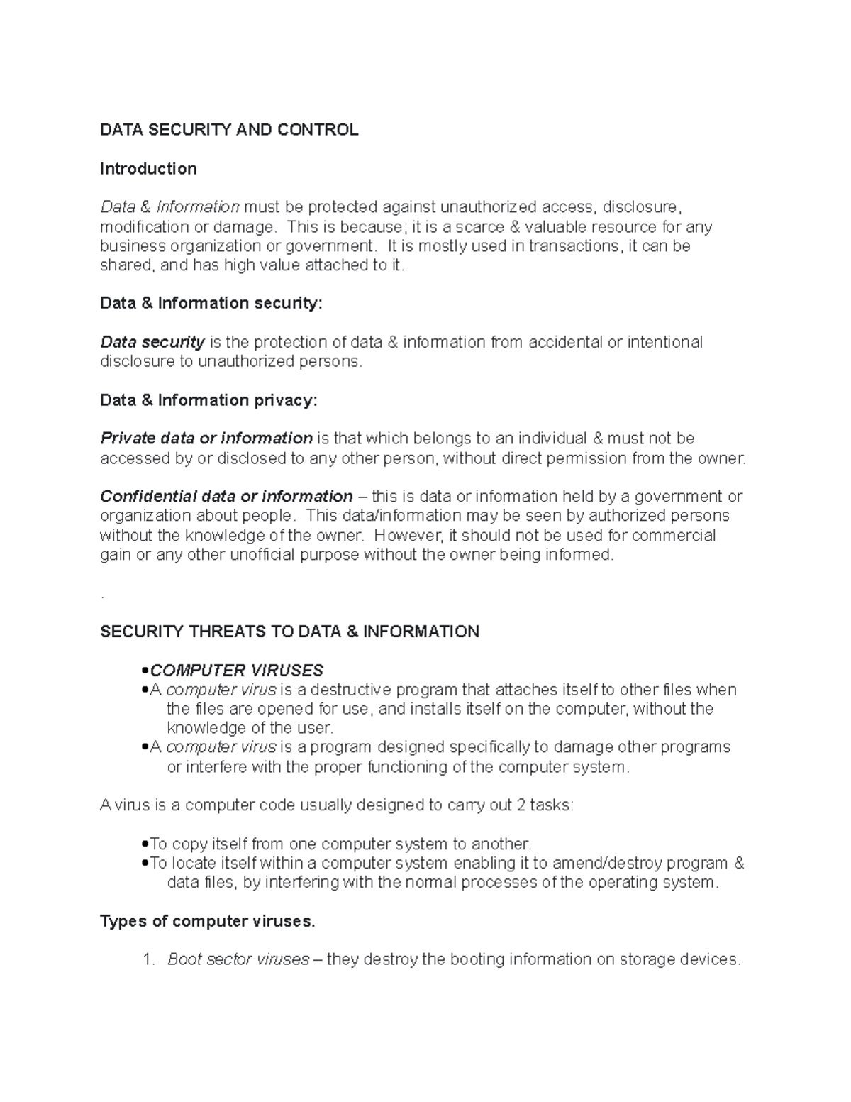 DATA Security AND Control - DATA SECURITY AND CONTROL Introduction Data ...