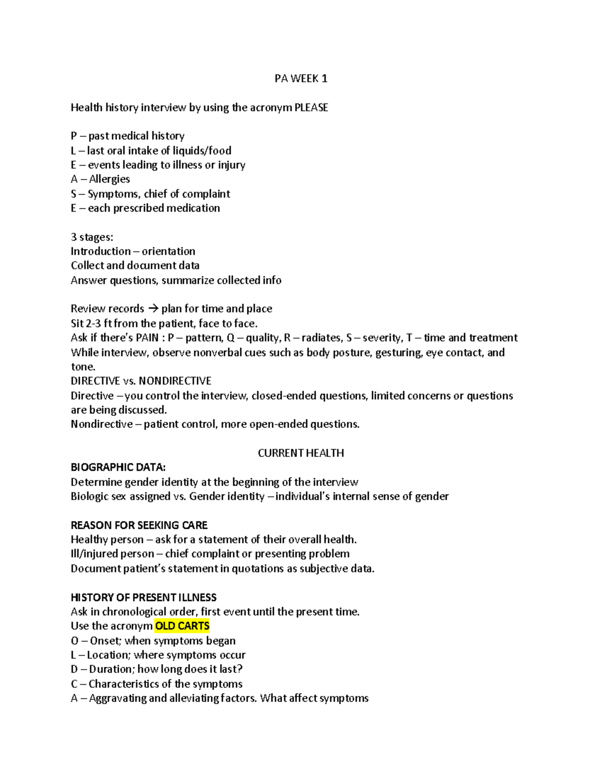 Physical Assessment - Week 1 Lecture note - PA WEEK 1 Health history ...