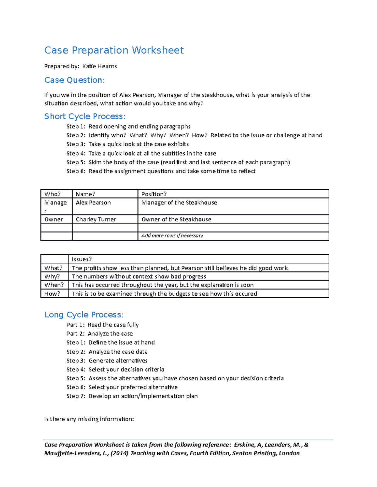 Case Preparation Worksheet Steakhouse - Case Preparation Worksheet ...