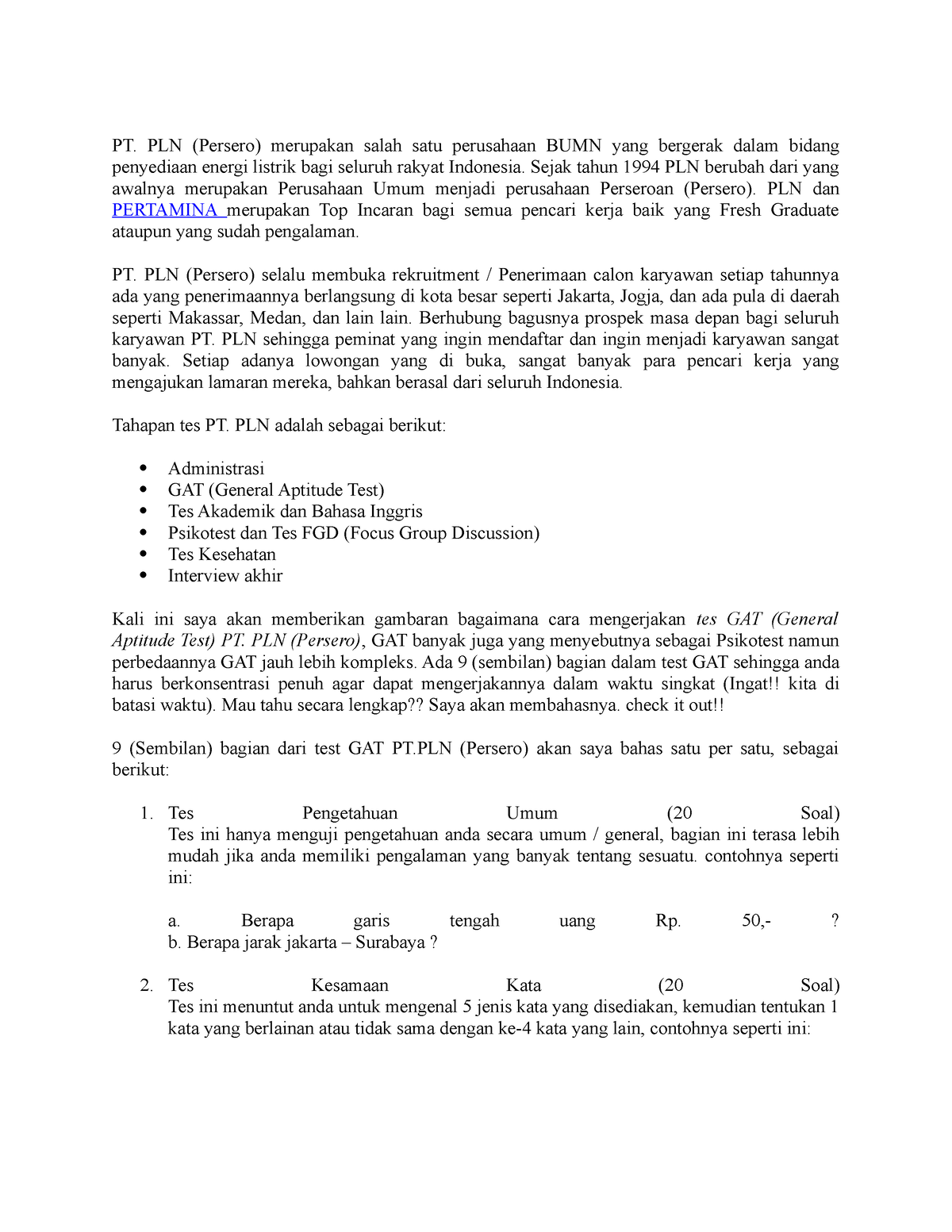 Soal Pln Docx - Aaanada - PT. PLN (Persero) Merupakan Salah Satu ...