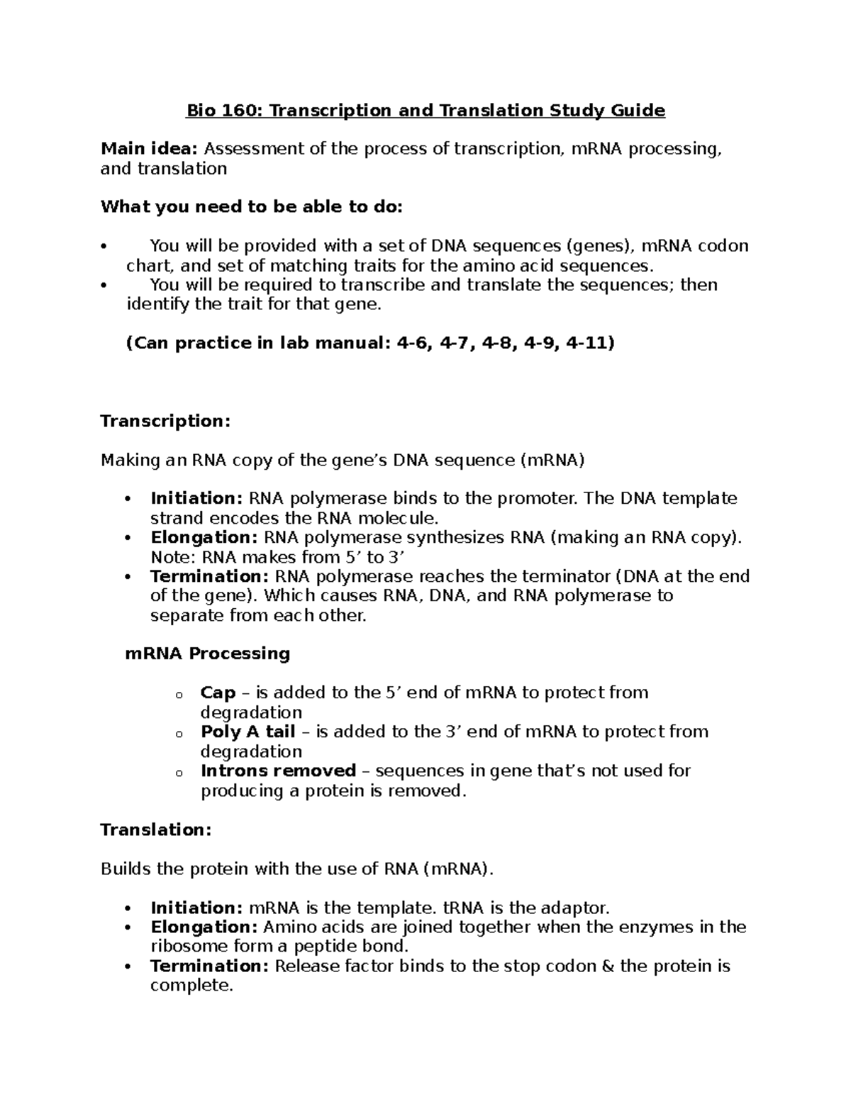 Bio 160 - Translation & Transcription Study Guide - Bio 160 ...