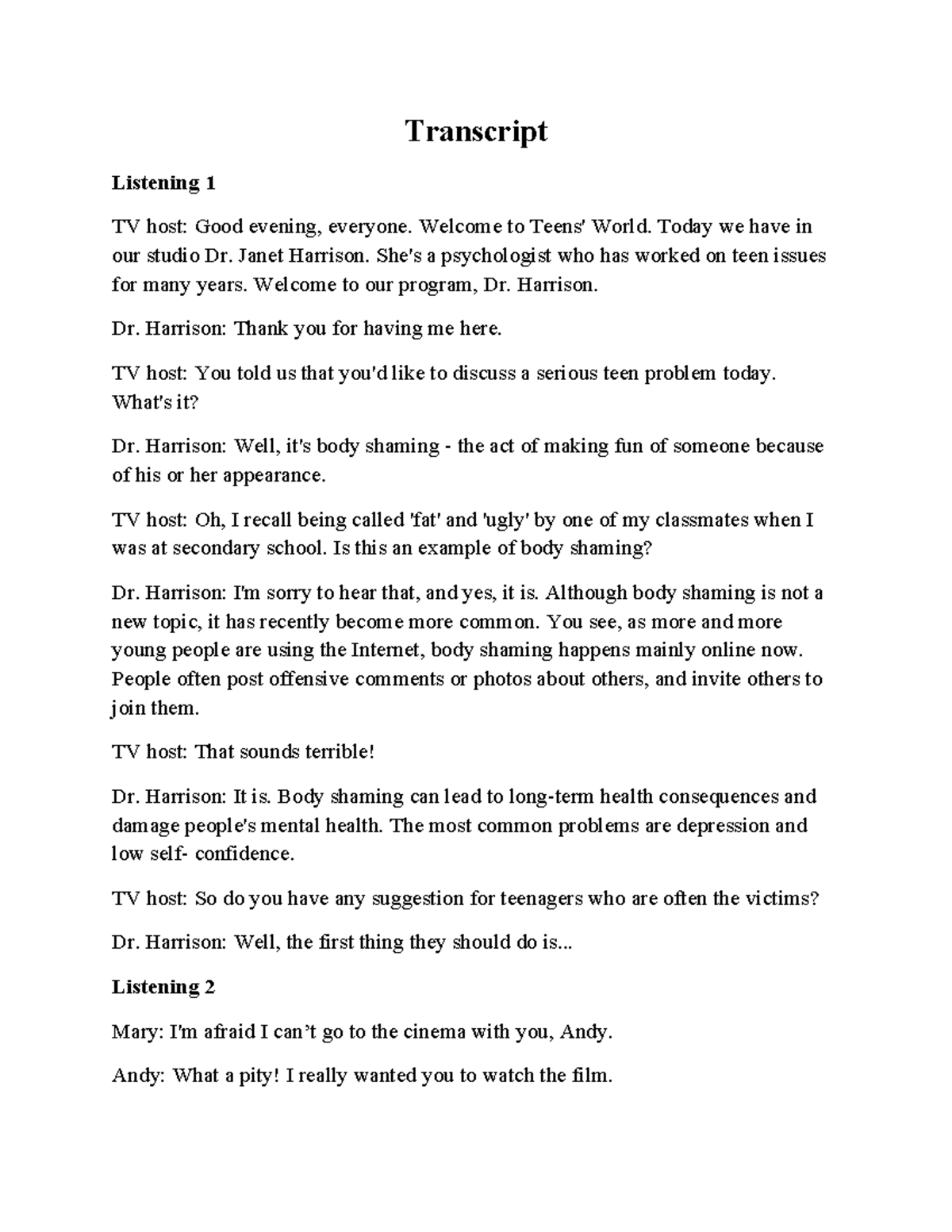 Transcript nghe - abc - Transcript Listening 1 TV host: Good evening ...