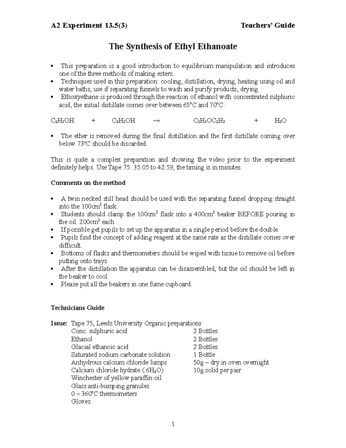 A2 Expt13.5(3) The Synthesis of Ethyl Ethanoate Teacher guide - A2 ...