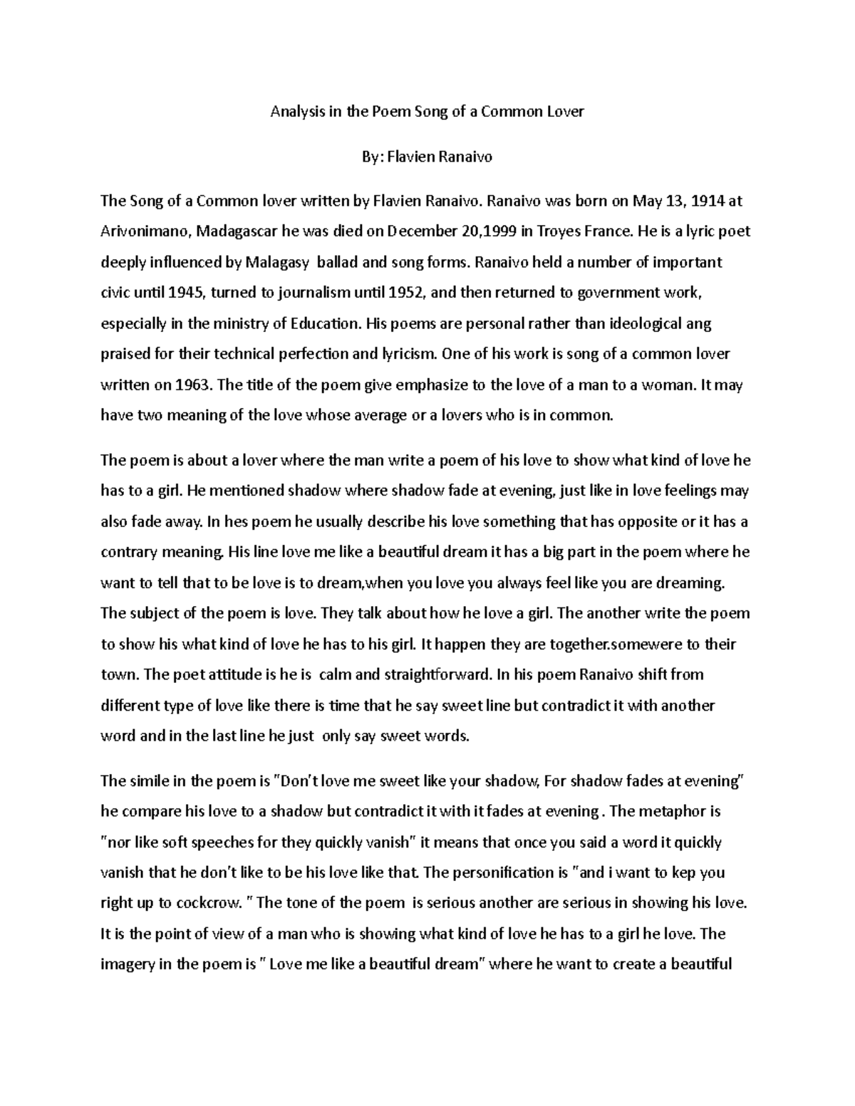 Prelim exam Analysis in the Poem Song of a Common Lover By Flavien